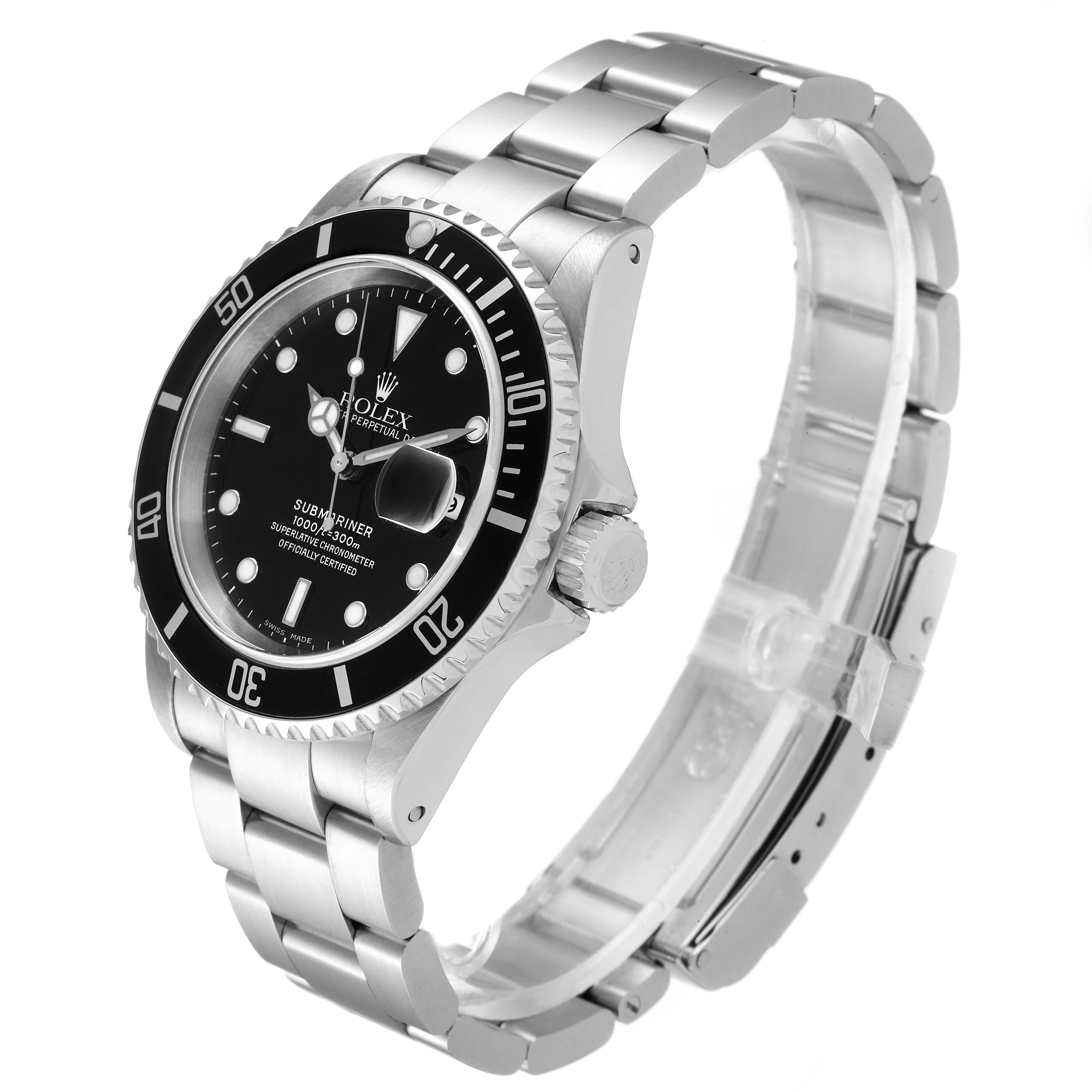The image shows a side angle of a Rolex Submariner 16610 Men
s Stainless Steel Black Dial 16610 Men
s Stainless Steel Black Dial watch, highlighting its bezel, face, dial, crown, and bracelet.