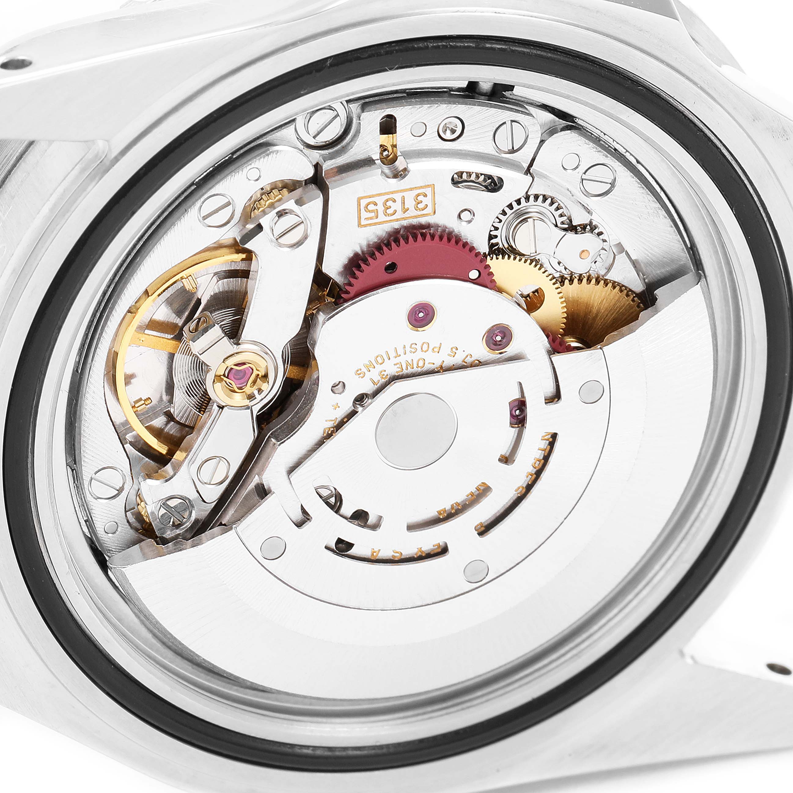 The image shows the internal movement mechanism of a Rolex Submariner 16610 Men
s Stainless Steel Black Dial 16610 Men
s Stainless Steel Black Dial watch, viewed from the back.