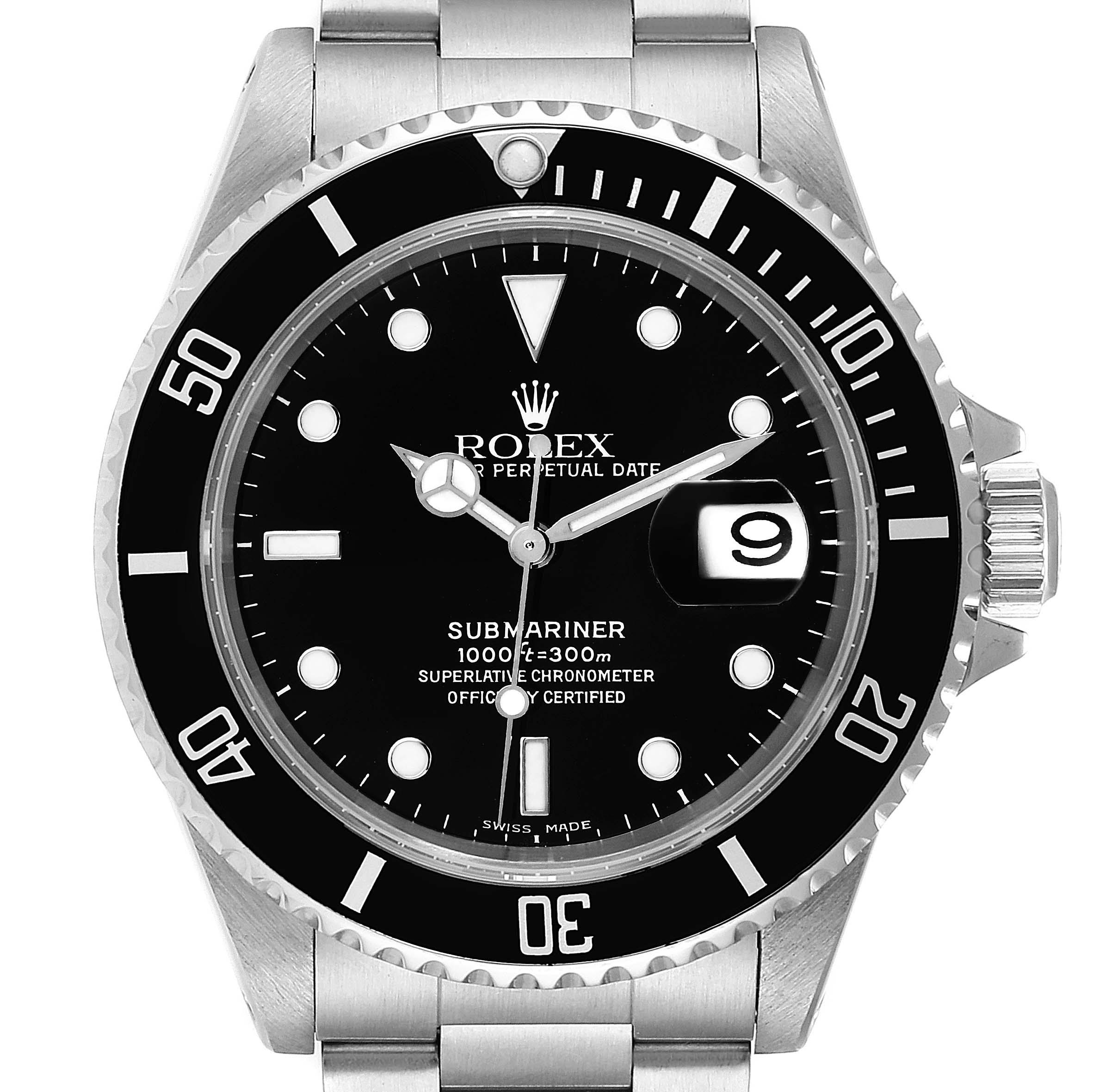 This image shows a front view of a Rolex Submariner 16610 Men
s Stainless Steel Black Dial 16610 Men
s Stainless Steel Black Dial watch, highlighting the dial, bezel, and bracelet.