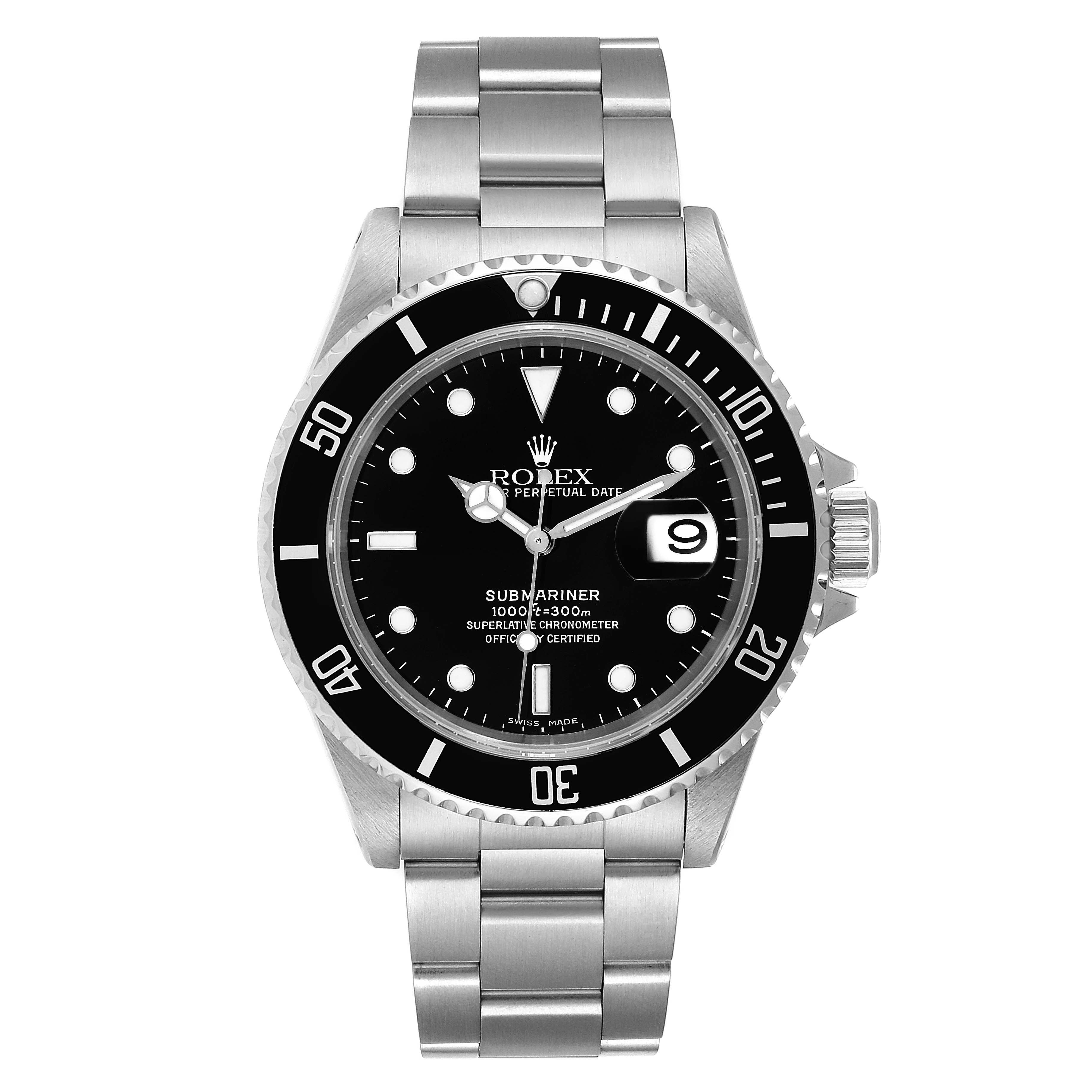 The image shows a front view of the Rolex Submariner 16610 Men
s Stainless Steel Black Dial 16610 Men
s Stainless Steel Black Dial watch, displaying the dial, bezel, bracelet, and crown.
