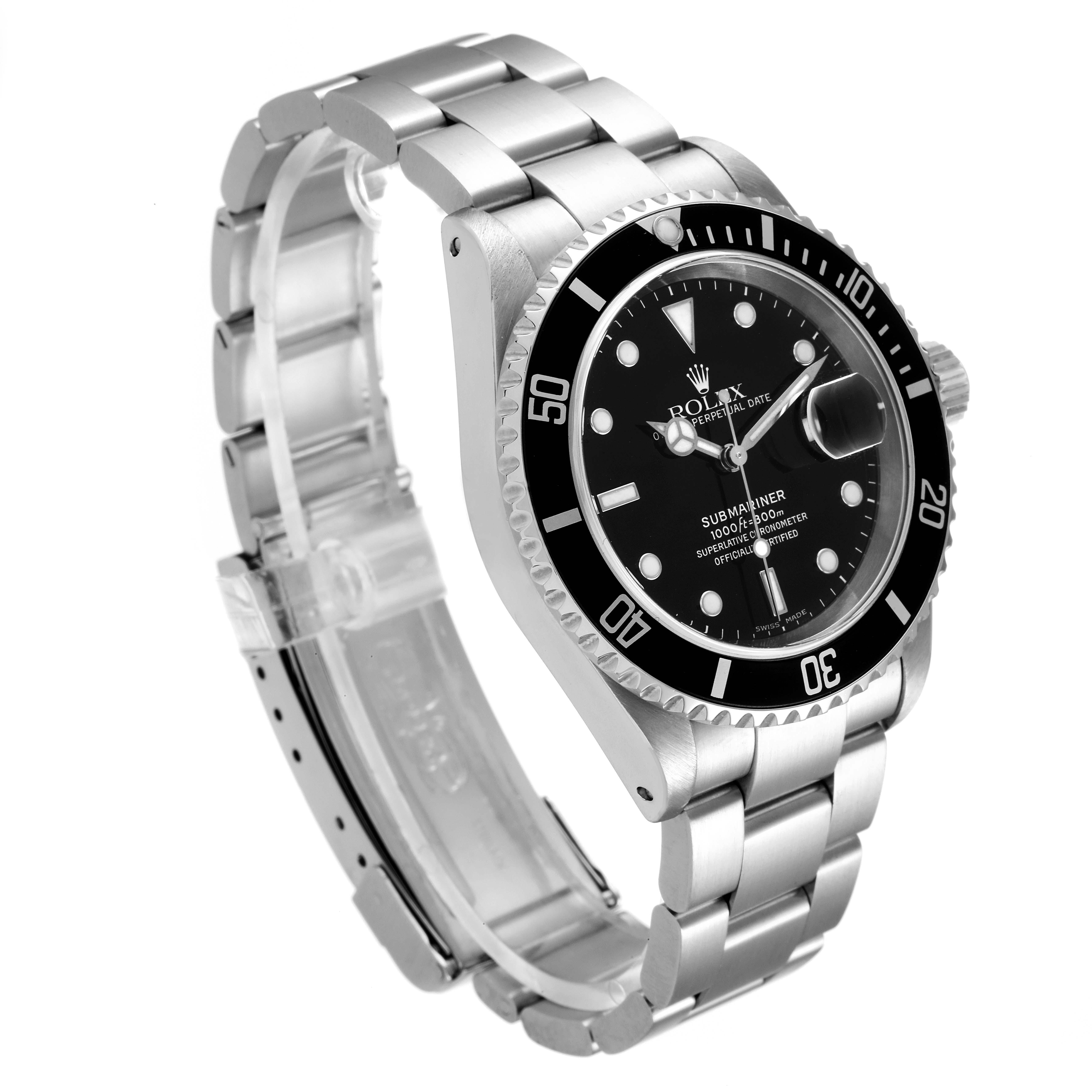 The image shows a Rolex Submariner 16610 Men
s Stainless Steel Black Dial 16610 Men
s Stainless Steel Black Dial watch at a three-quarter angle, highlighting the face, bezel, and bracelet.