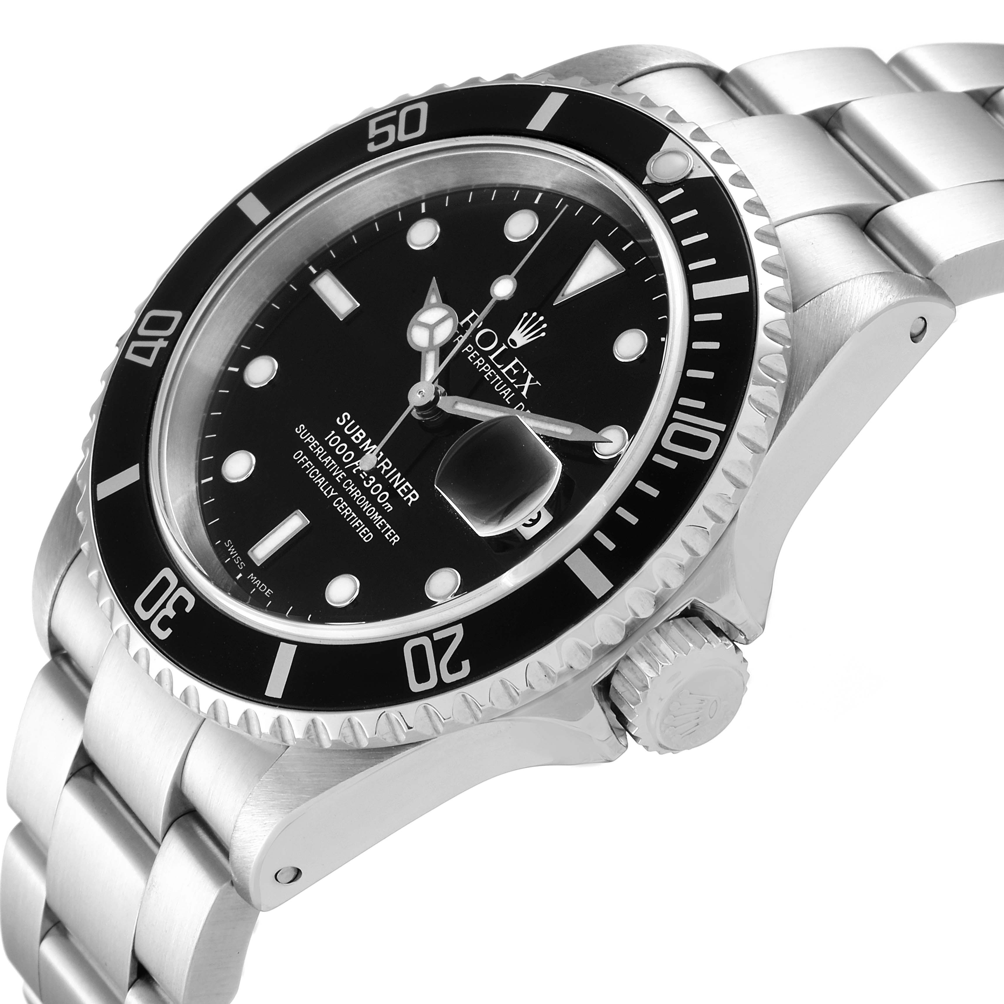 This image shows a tilted view of the Rolex Submariner 16610 Men
s Stainless Steel Black Dial 16610 Men
s Stainless Steel Black Dial watch, highlighting its bezel, dial, bracelet, and crown.
