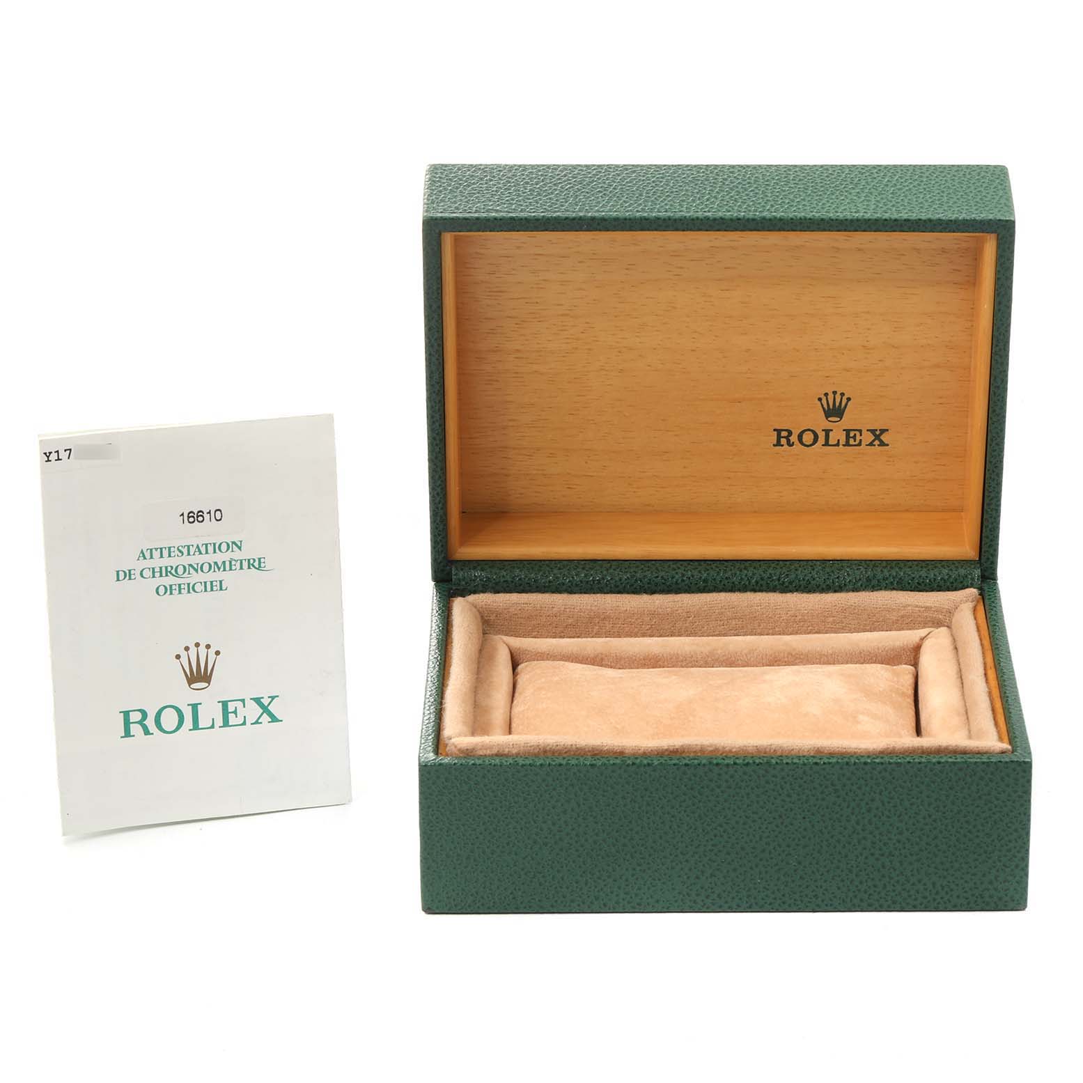 The image shows a Rolex Submariner 16610 Men
s Stainless Steel Black Dial 16610 Men
s Stainless Steel Black Dial watch box and its certificate of Best Quality
ity.