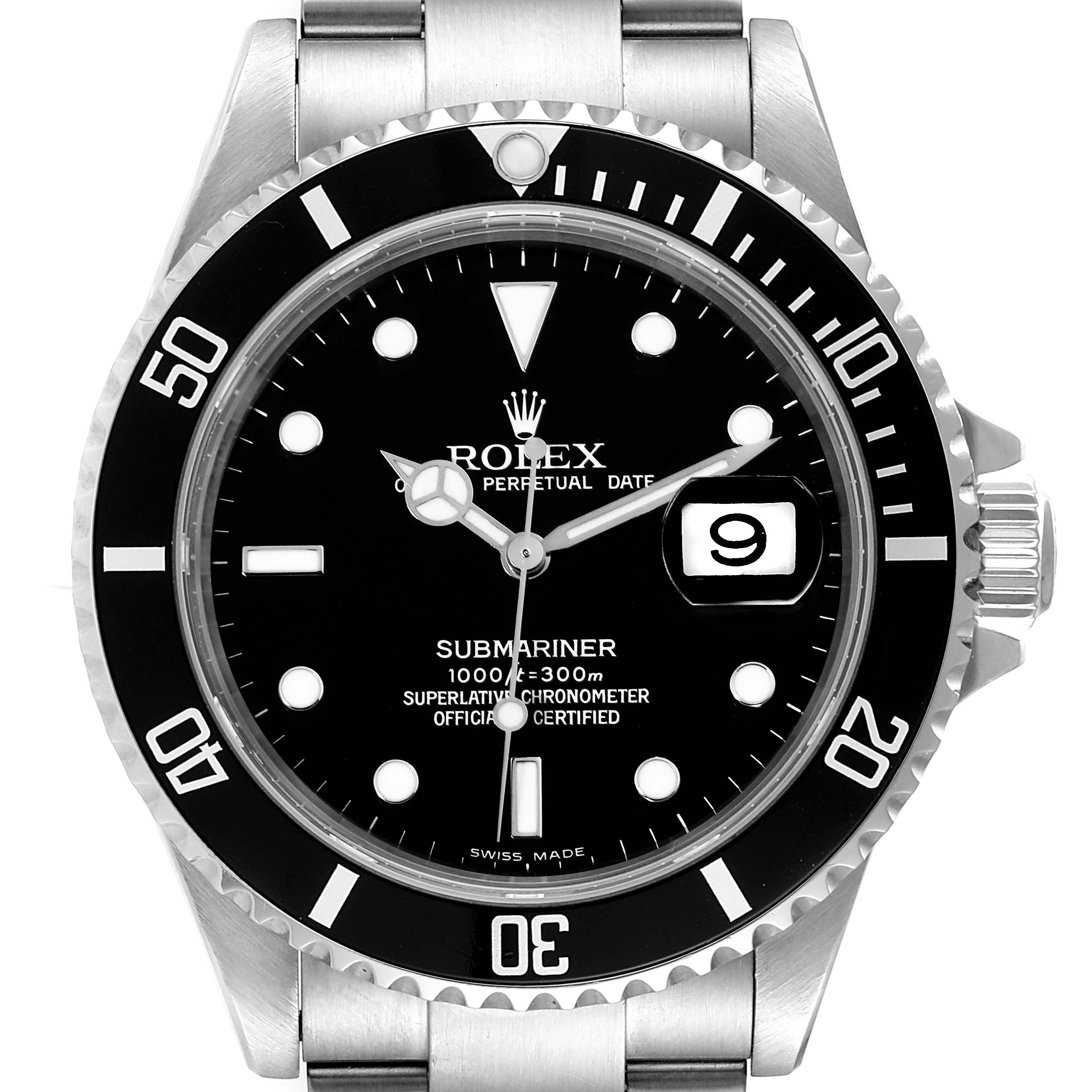 The image shows a frontal view of the Rolex Submariner 16610 Men
s Stainless Steel Black Dial 16610 Men
s Stainless Steel Black Dial watch, highlighting its dial, bezel, and part of the bracelet.