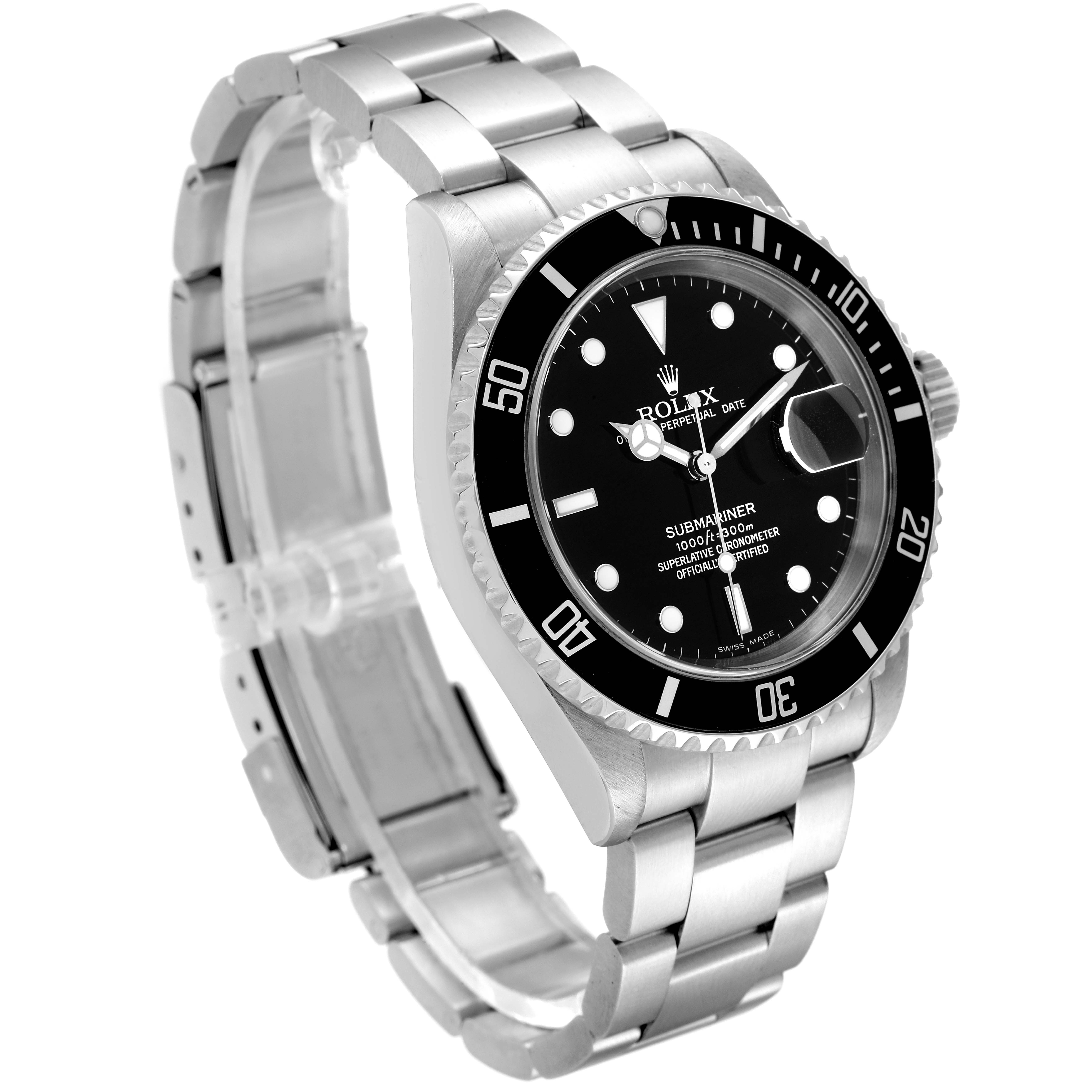 The image shows a side angle of a Rolex Submariner 16610 Men
s Stainless Steel Black Dial 16610 Men
s Stainless Steel Black Dial watch, highlighting the dial, bezel, and metal bracelet.