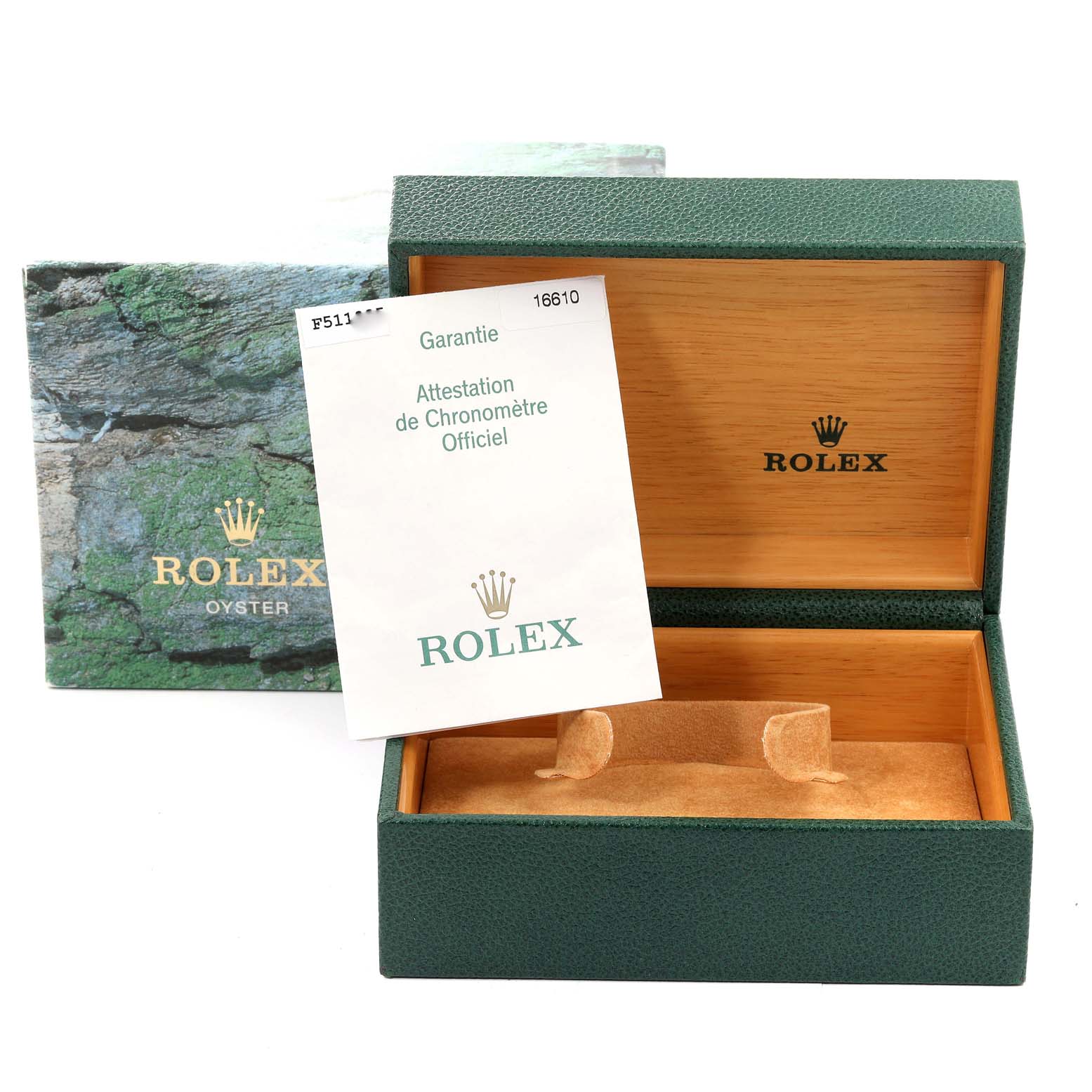 This image shows the open green box and official certification of a Rolex Submariner 16610 Men
s Stainless Steel Black Dial 16610 Men
s Stainless Steel Black Dial watch set.