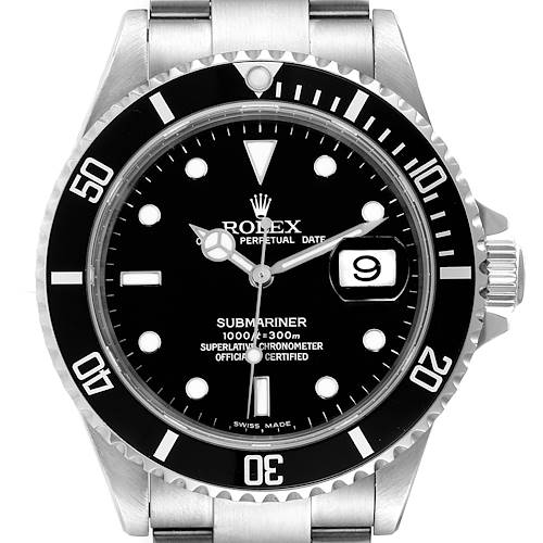 This image shows a frontal view of the Rolex Submariner watch, detailing its bezel, dial, hands, date window, and part of the bracelet.