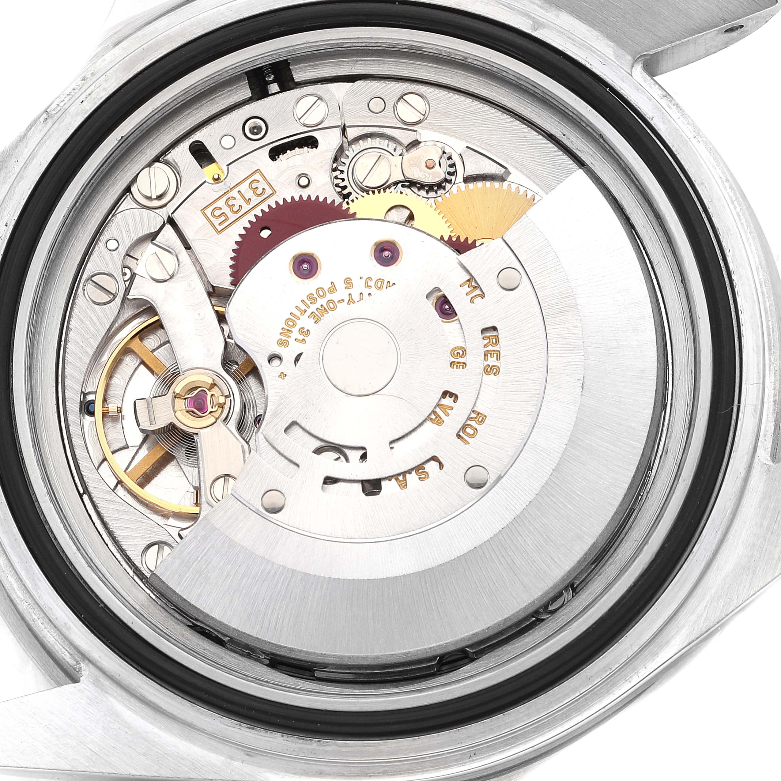 This image shows a close-up view of the internal mechanism of a Rolex Submariner 16610 Men
s Stainless Steel Black Dial 16610 Men
s Stainless Steel Black Dial watch, focusing on its intricate details and moving parts.