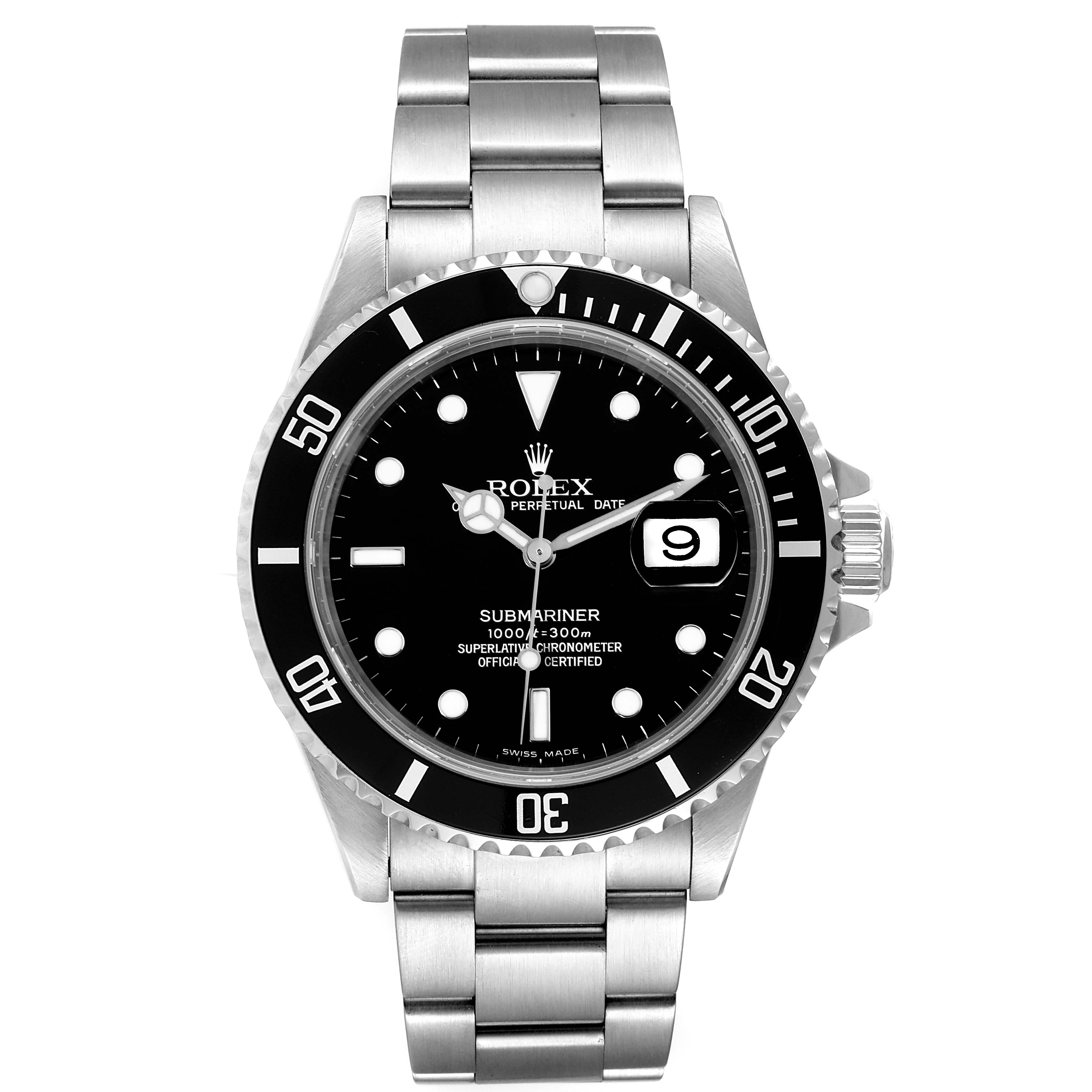 The image shows a Rolex Submariner 16610 Men
s Stainless Steel Black Dial 16610 Men
s Stainless Steel Black Dial watch from a straight-on angle, displaying its dial, bezel, and bracelet.