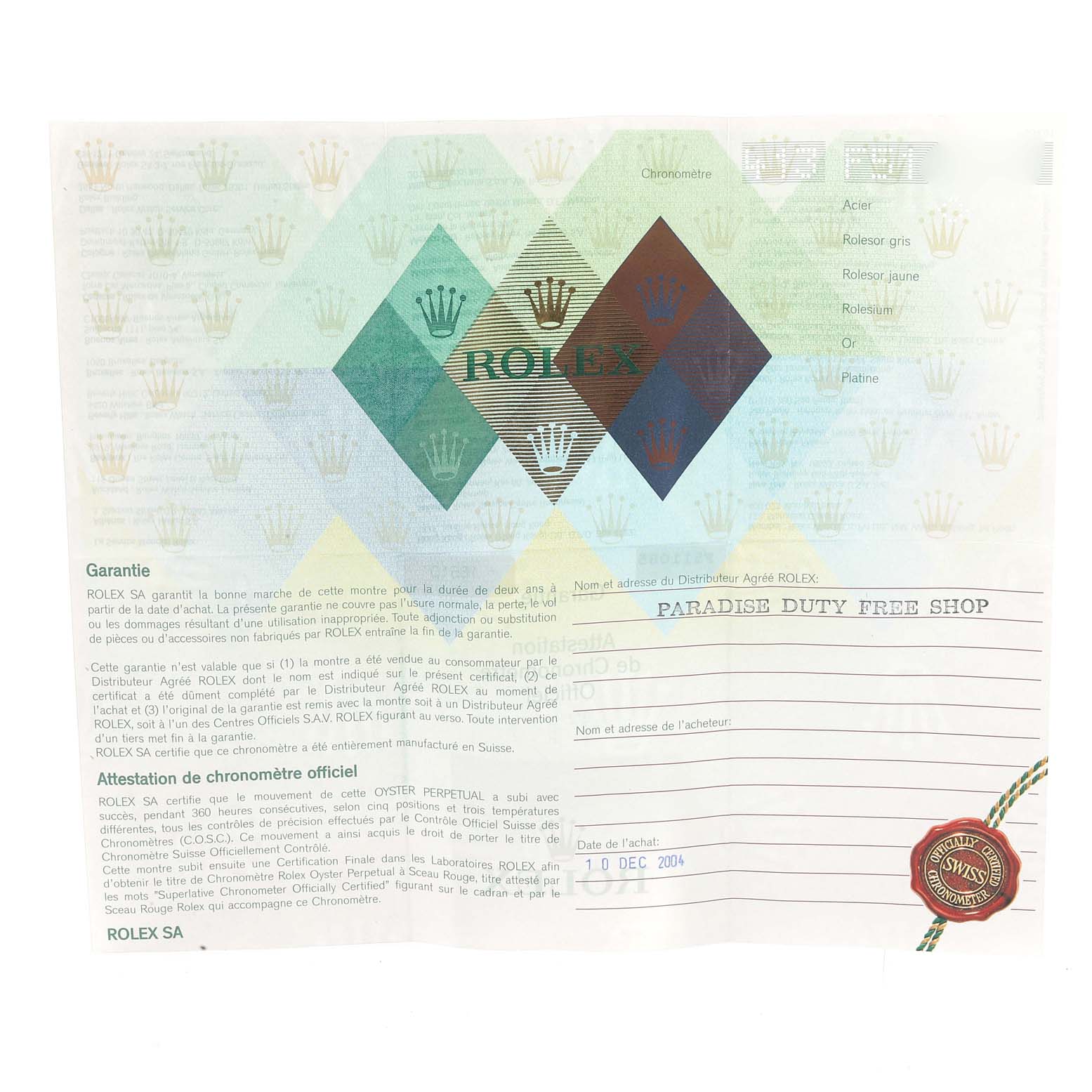 This image shows the warranty paperwork for a Rolex Submariner 16610 Men
s Stainless Steel Black Dial 16610 Men
s Stainless Steel Black Dial, including its Best Quality
ity and purchase details.