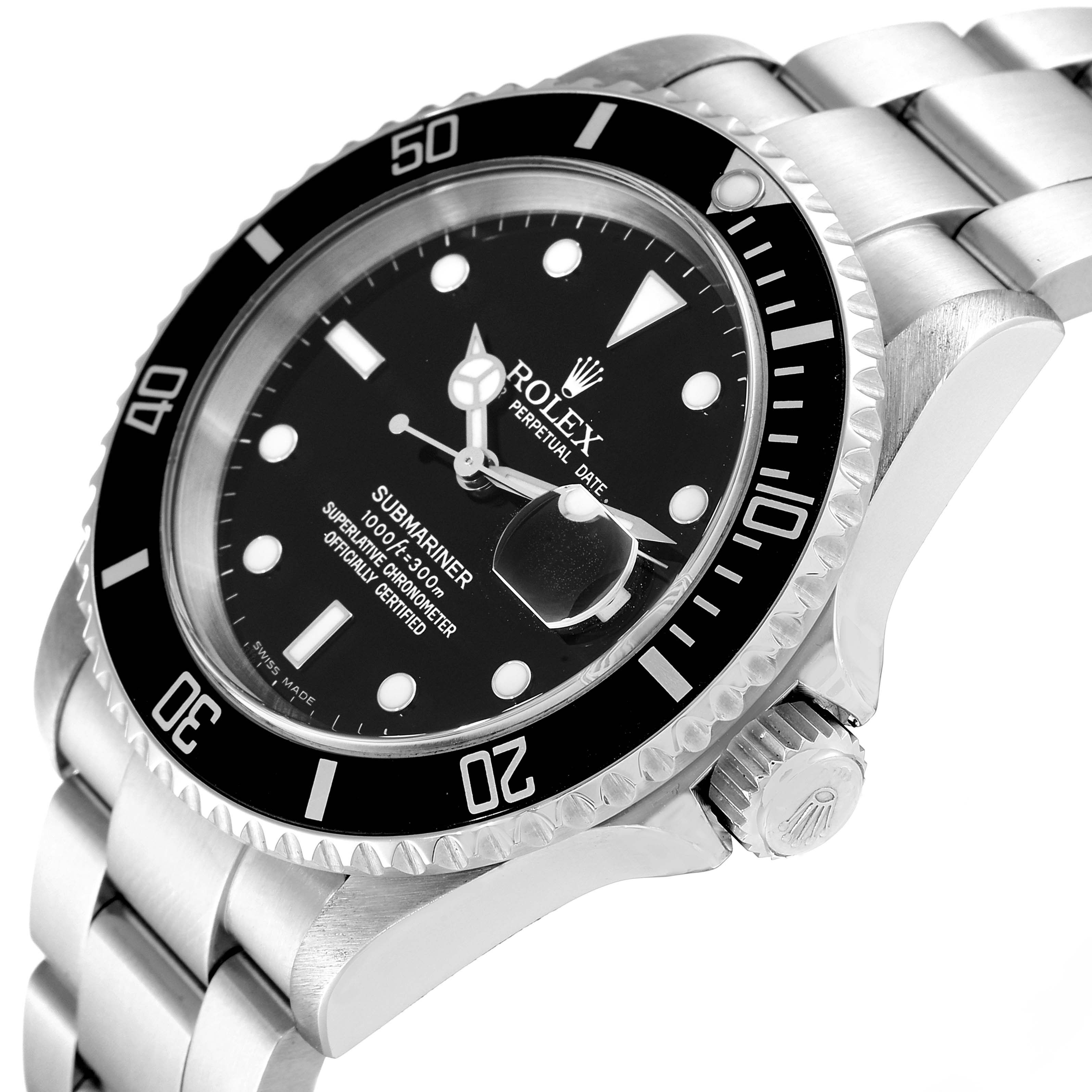 The image shows a close-up angle of the Rolex Submariner 16610 Men
s Stainless Steel Black Dial 16610 Men
s Stainless Steel Black Dial watch, highlighting the dial, bezel, crown, and part of the bracelet.