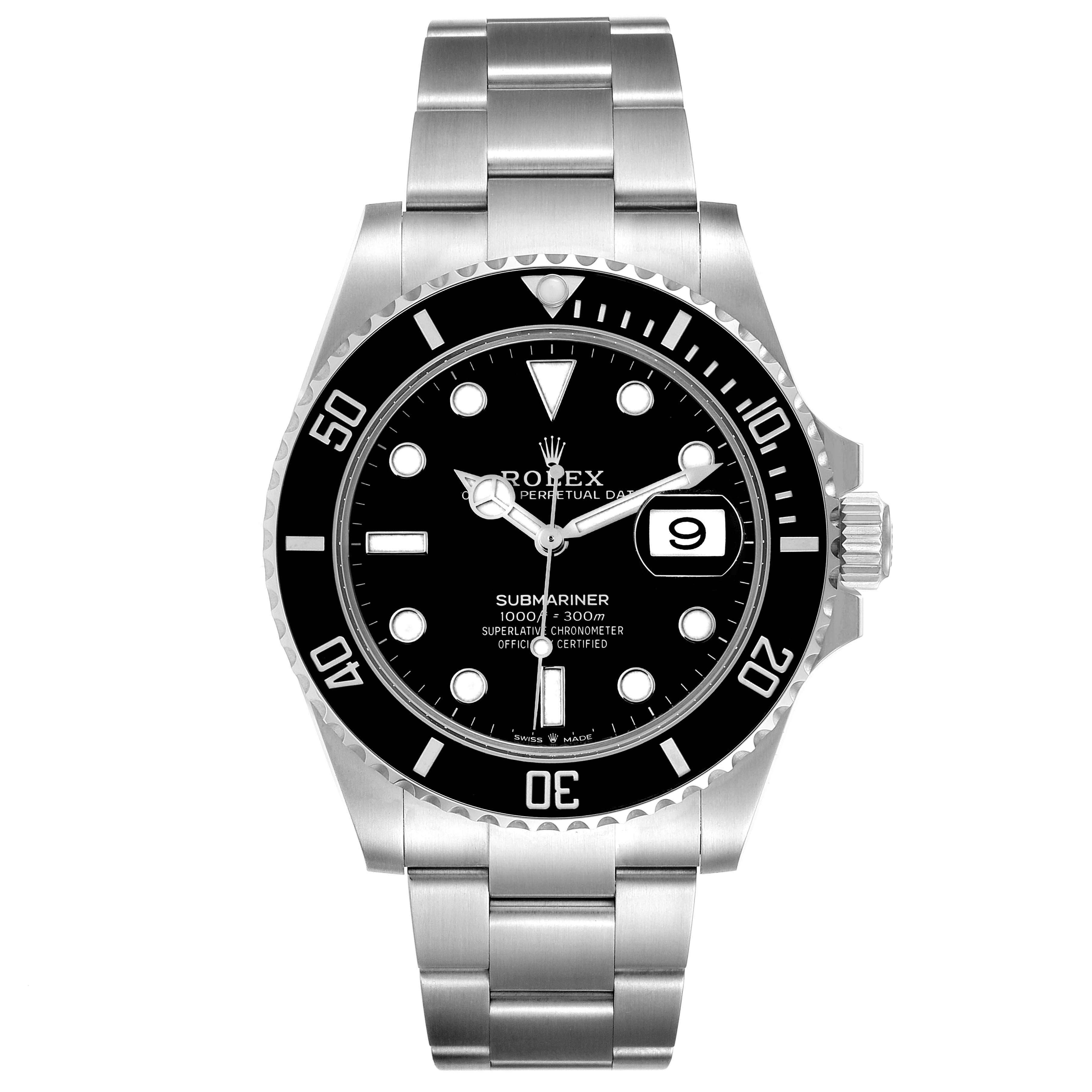 The image shows a Rolex Submariner 126610 Men
s Stainless Steel Black Dial 126610 Men
s Stainless Steel Black Dial watch from the front angle, displaying its dial, bezel, bracelet, and crown.