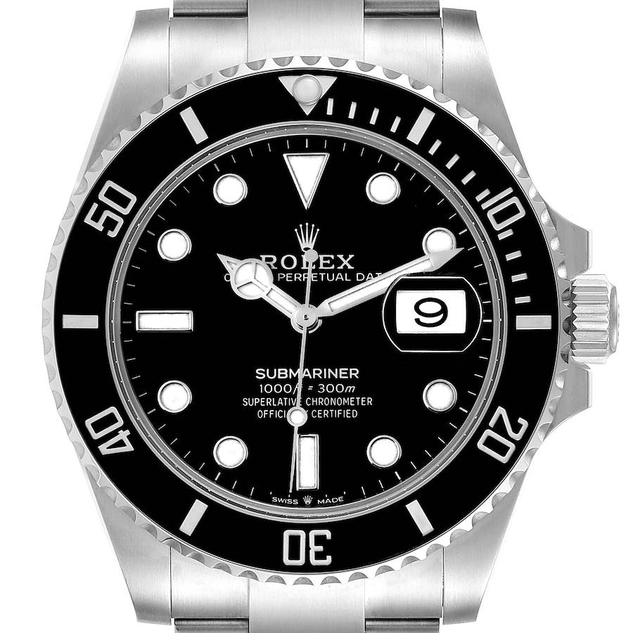 The image shows a front view of a Rolex Submariner, highlighting the dial, bezel, hands, and date window.