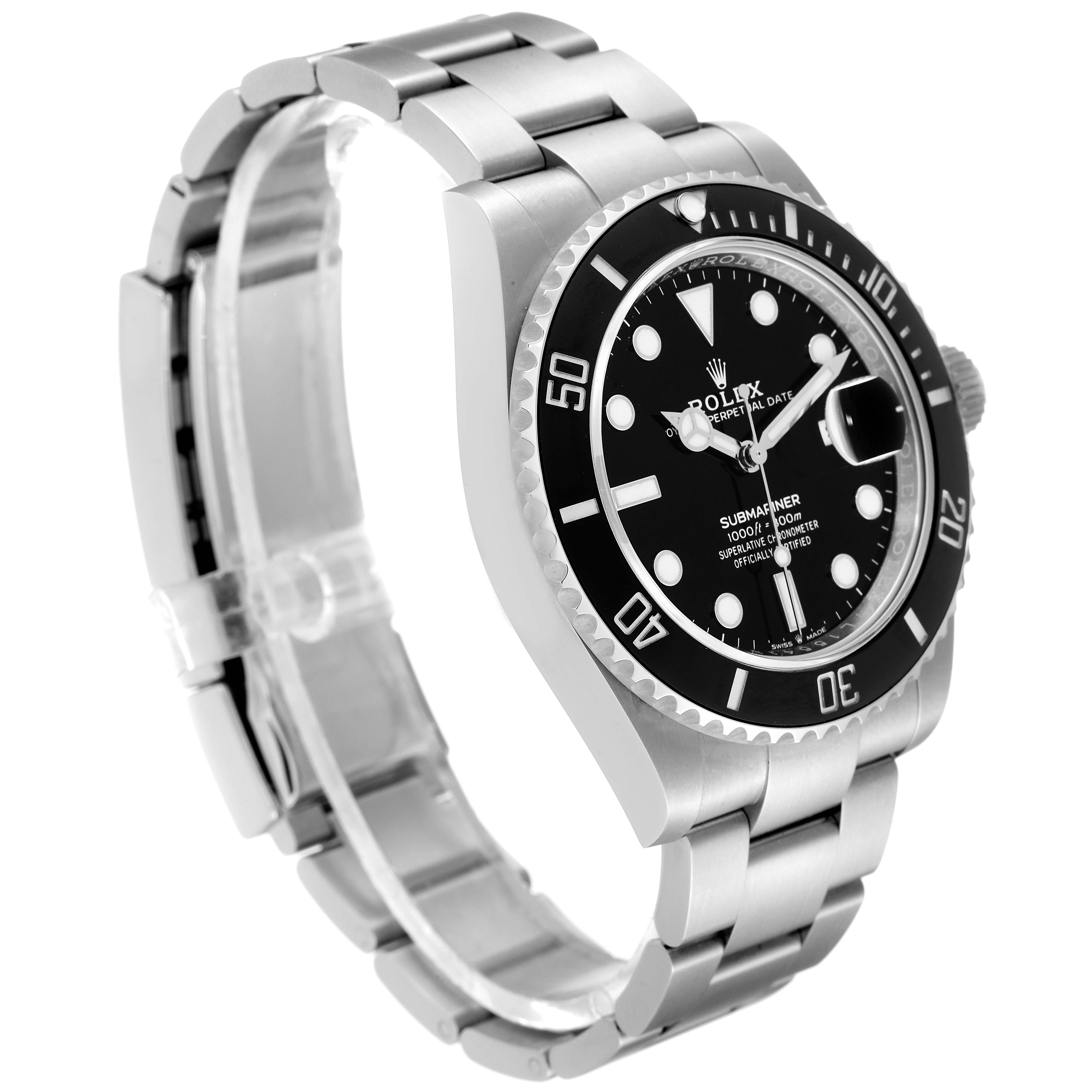 This image shows a side-angle view of a Rolex Submariner 126610 Men
s Stainless Steel Black Dial 126610 Men
s Stainless Steel Black Dial watch, highlighting its case, bezel, bracelet, and dial.