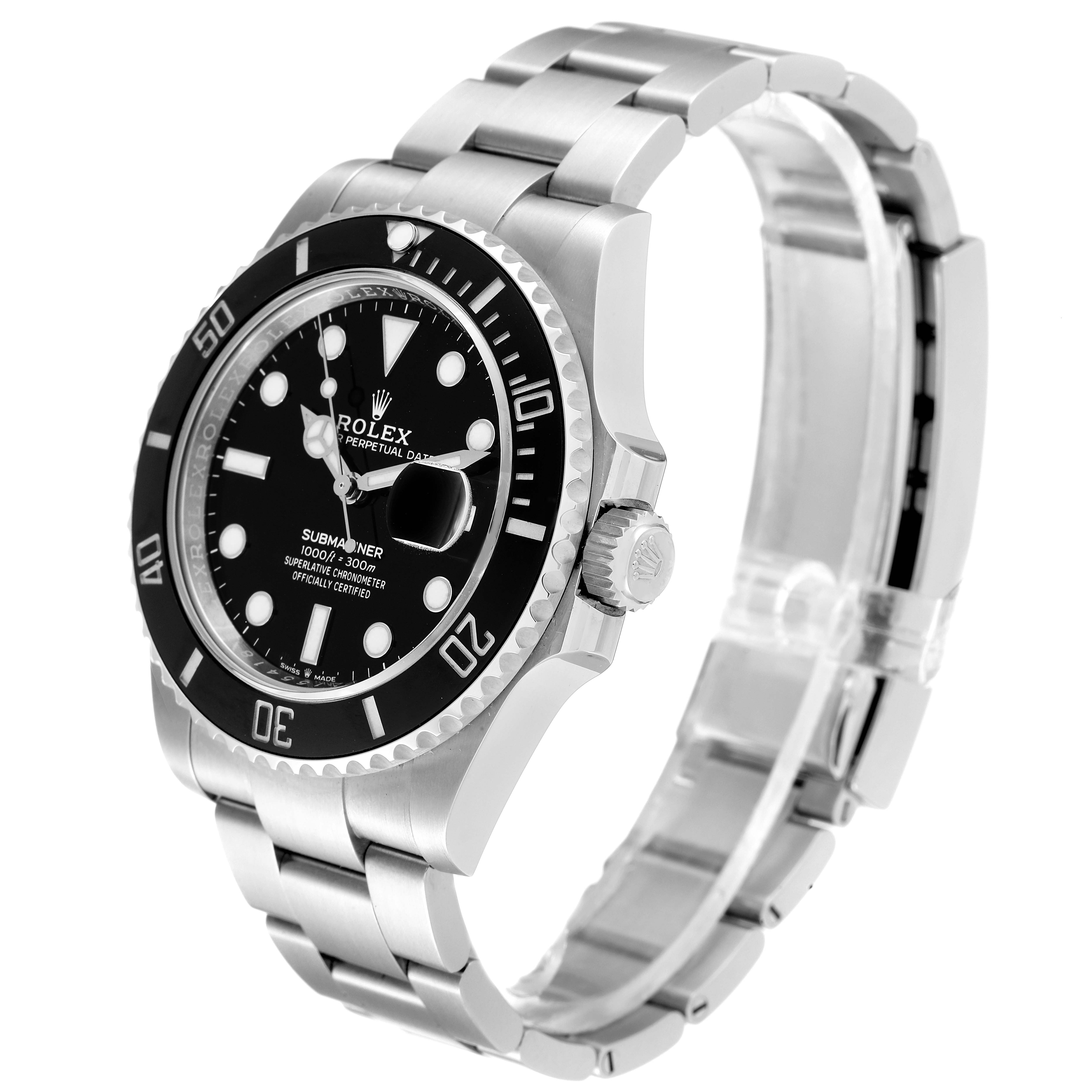 The image shows a side angle view of the Rolex Submariner 126610 Men
s Stainless Steel Black Dial 126610 Men
s Stainless Steel Black Dial watch, highlighting the dial, bezel, crown, and bracelet.