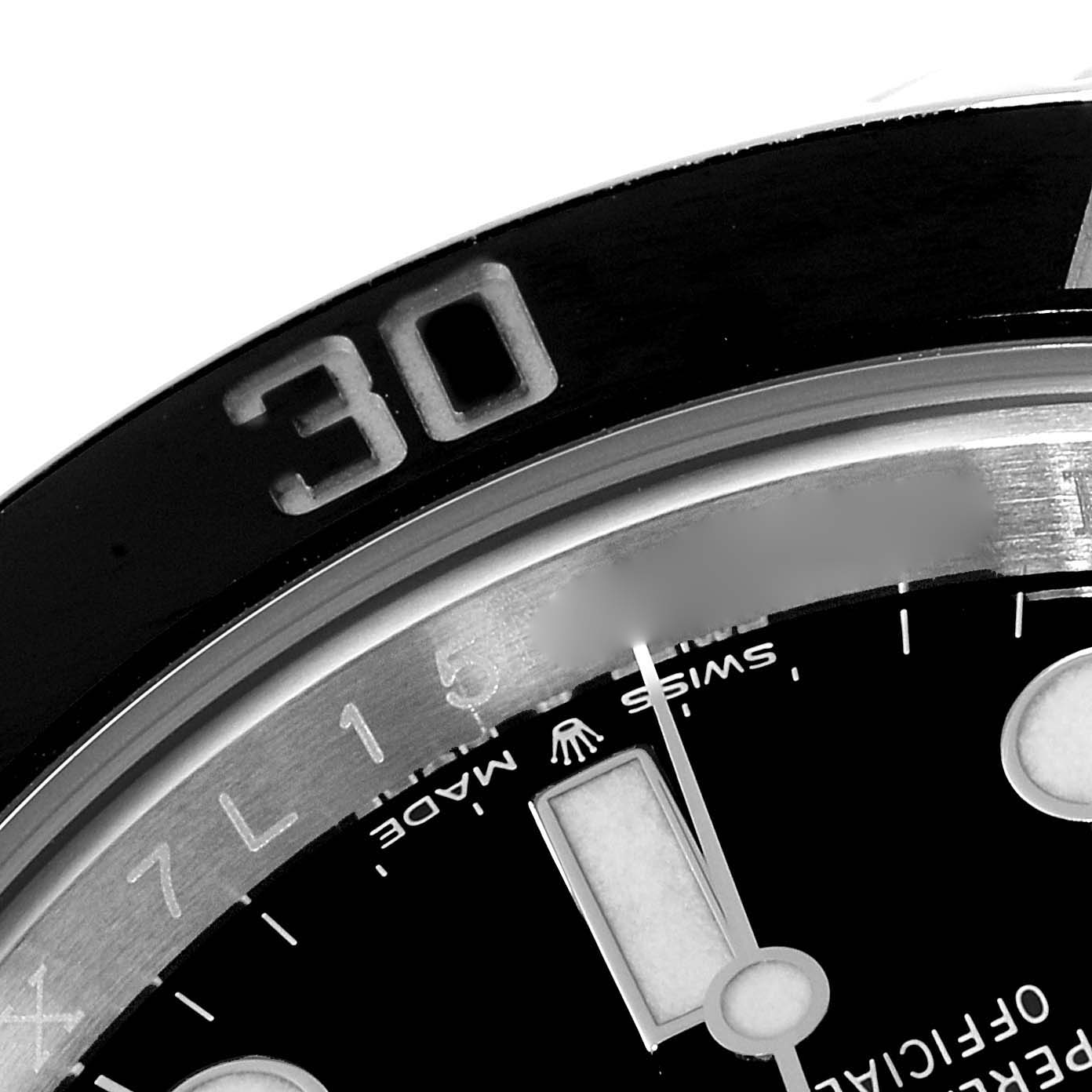 The image shows a close-up of the Rolex Submariner 126610 Men
s Stainless Steel Black Dial 126610 Men
s Stainless Steel Black Dial
s bezel, dial, and partial minute marker, viewed from an angle above the watch face.