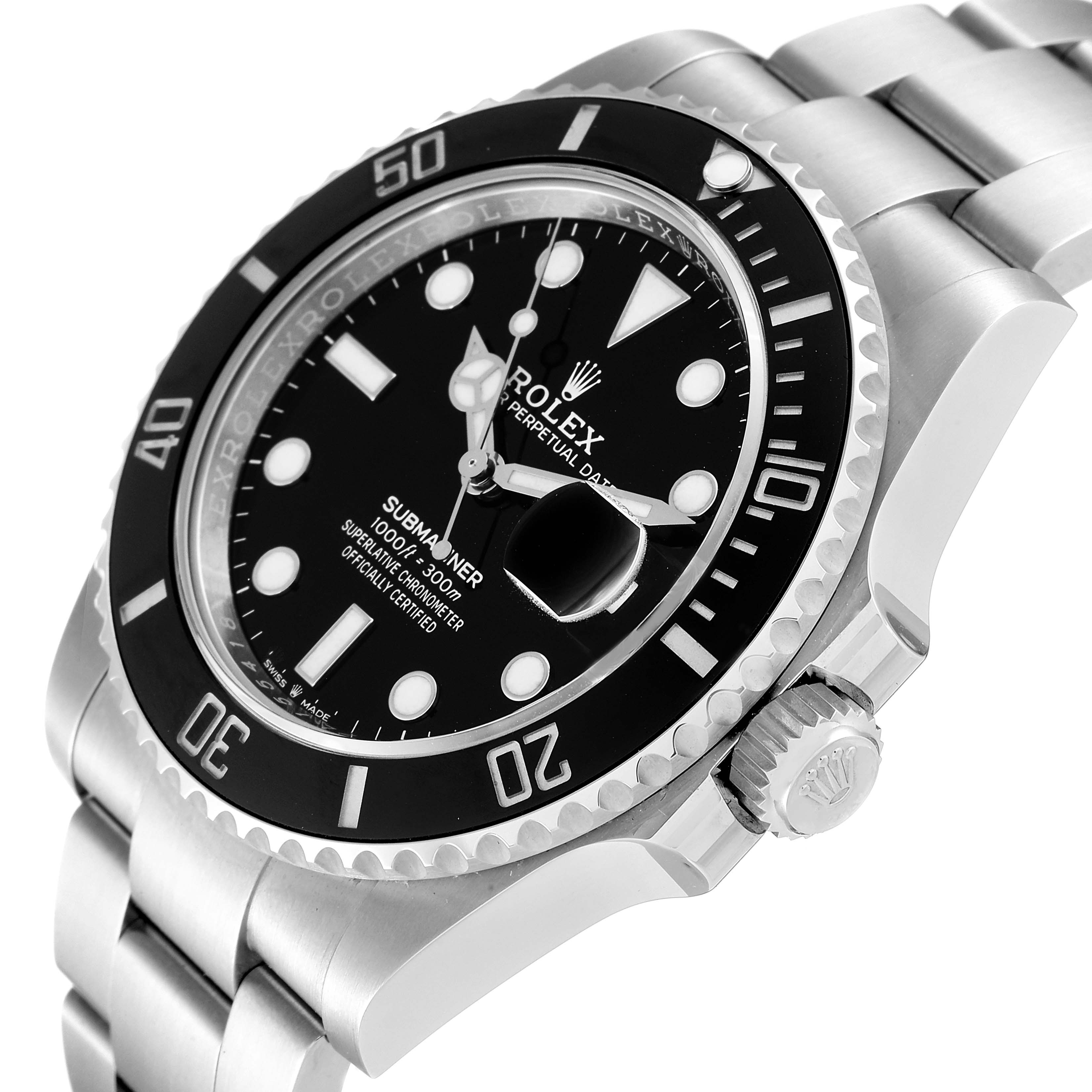 The Rolex Submariner 126610 Men
s Stainless Steel Black Dial 126610 Men
s Stainless Steel Black Dial watch is shown from a side angle, highlighting the bezel, face, crown, and bracelet.