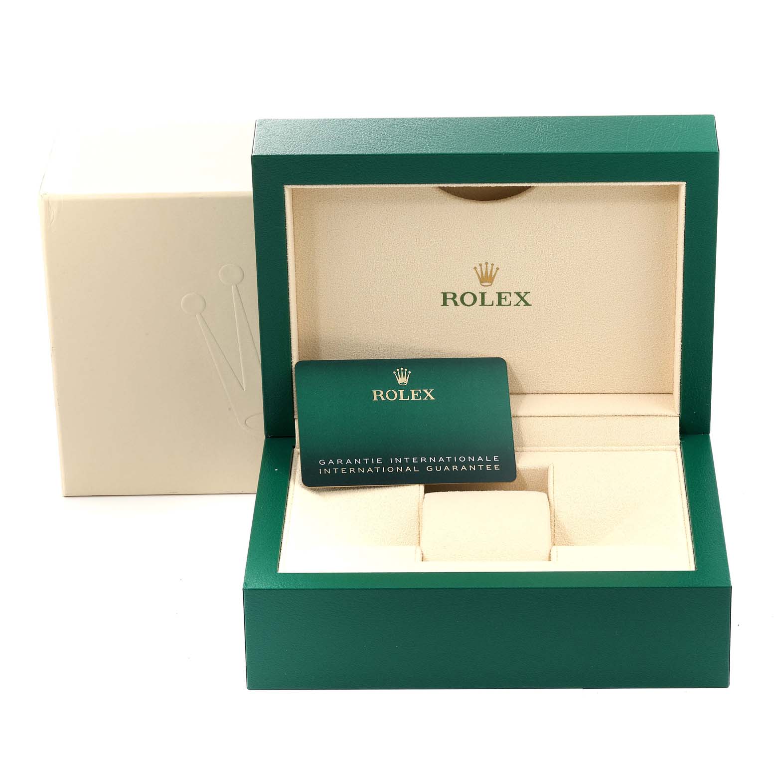 The image shows the packaging and warranty card for a Rolex Submariner 126610 Men
s Stainless Steel Black Dial 126610 Men
s Stainless Steel Black Dial, with the box open, displaying the brand
s logo.