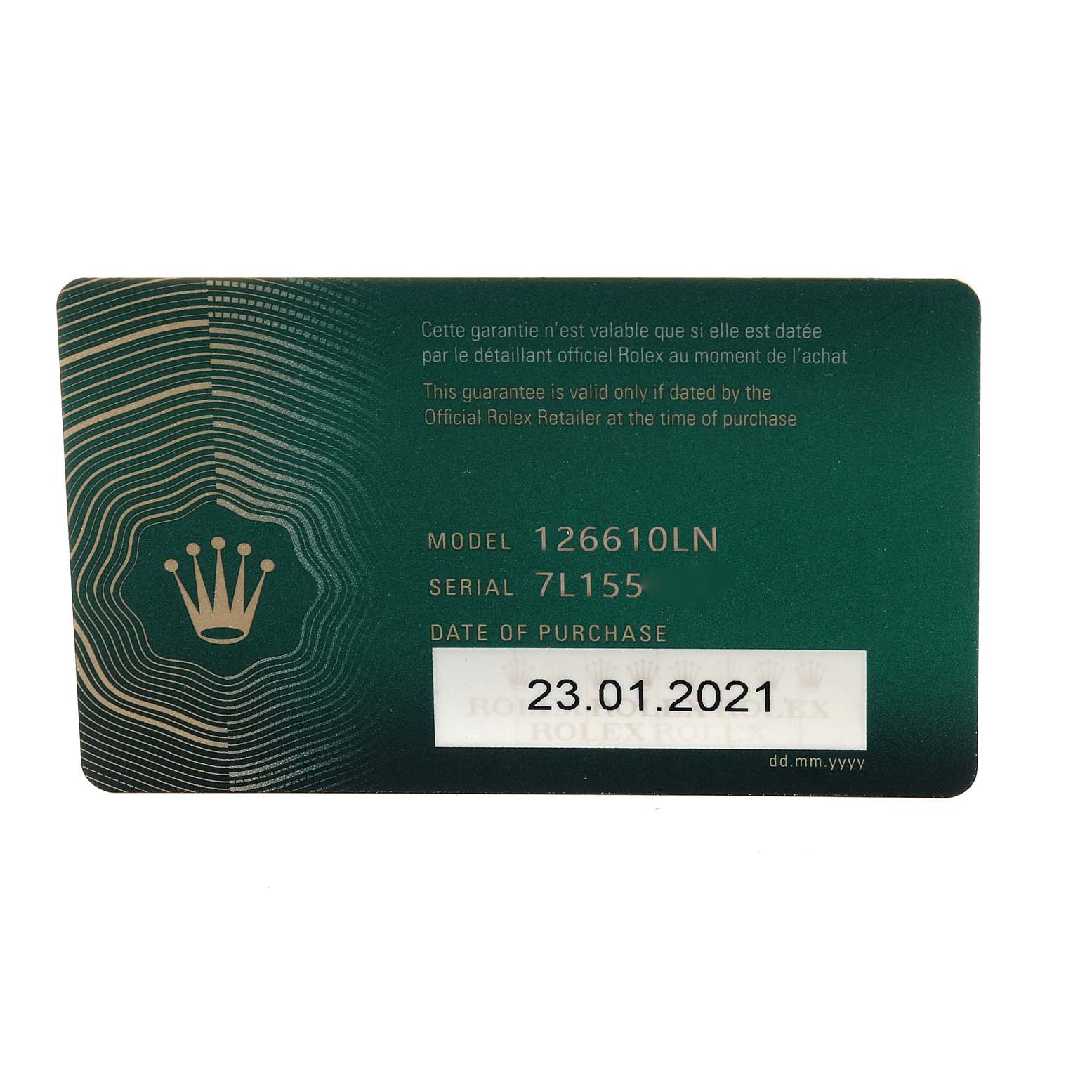 This image displays a warranty card for the Rolex Submariner 126610 Men
s Stainless Steel Black Dial 126610 Men
s Stainless Steel Black Dial model 126610LN, with purchase date 23.01.2021.