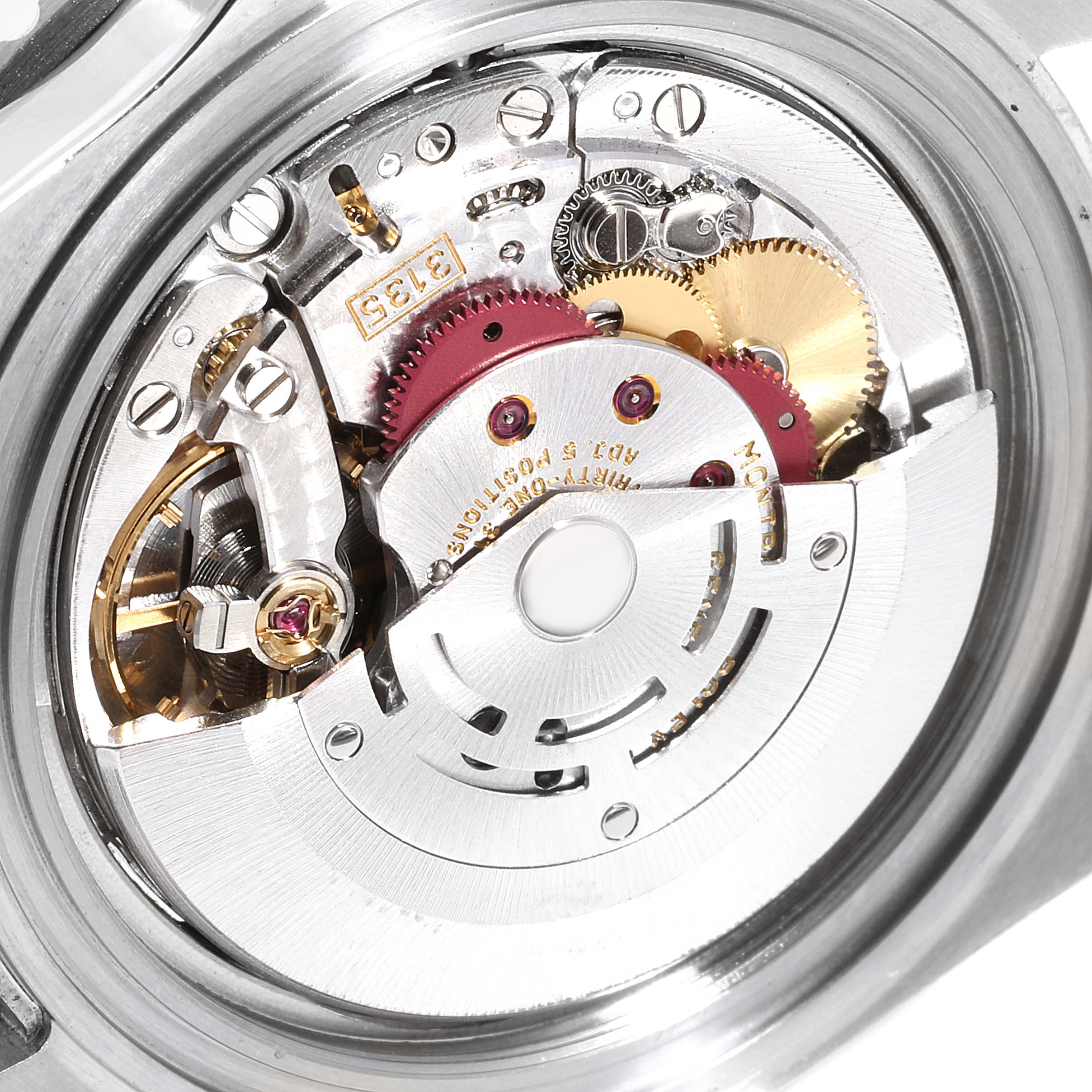 The image shows a close-up view of the mechanical movement inside a Rolex Submariner 16610 Men
s Stainless Steel Black Dial 16610 Men
s Stainless Steel Black Dial watch.