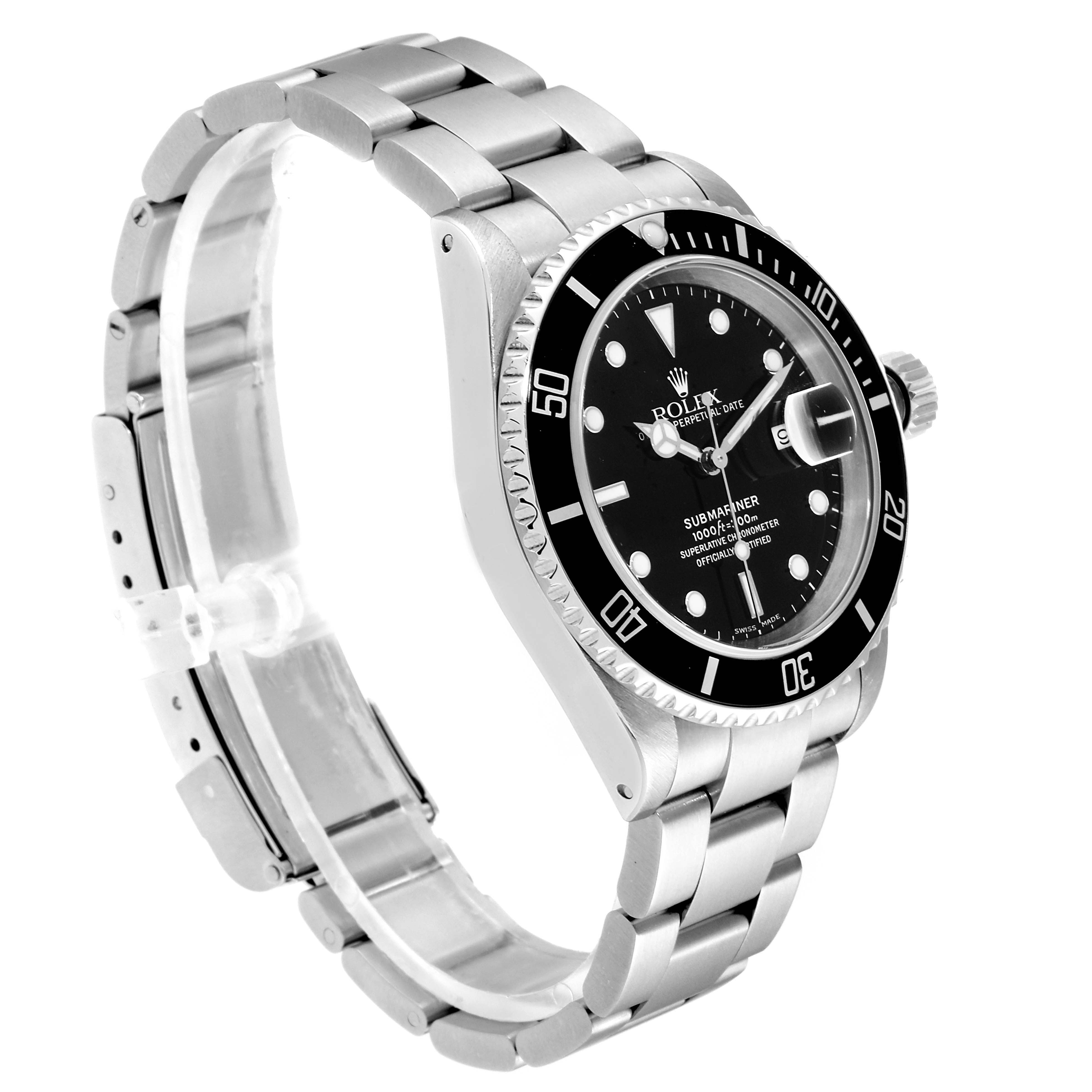 This image shows a Rolex Submariner 16610 Men
s Stainless Steel Black Dial 16610 Men
s Stainless Steel Black Dial watch at a 45-degree angle, displaying its face, bezel, and strap.