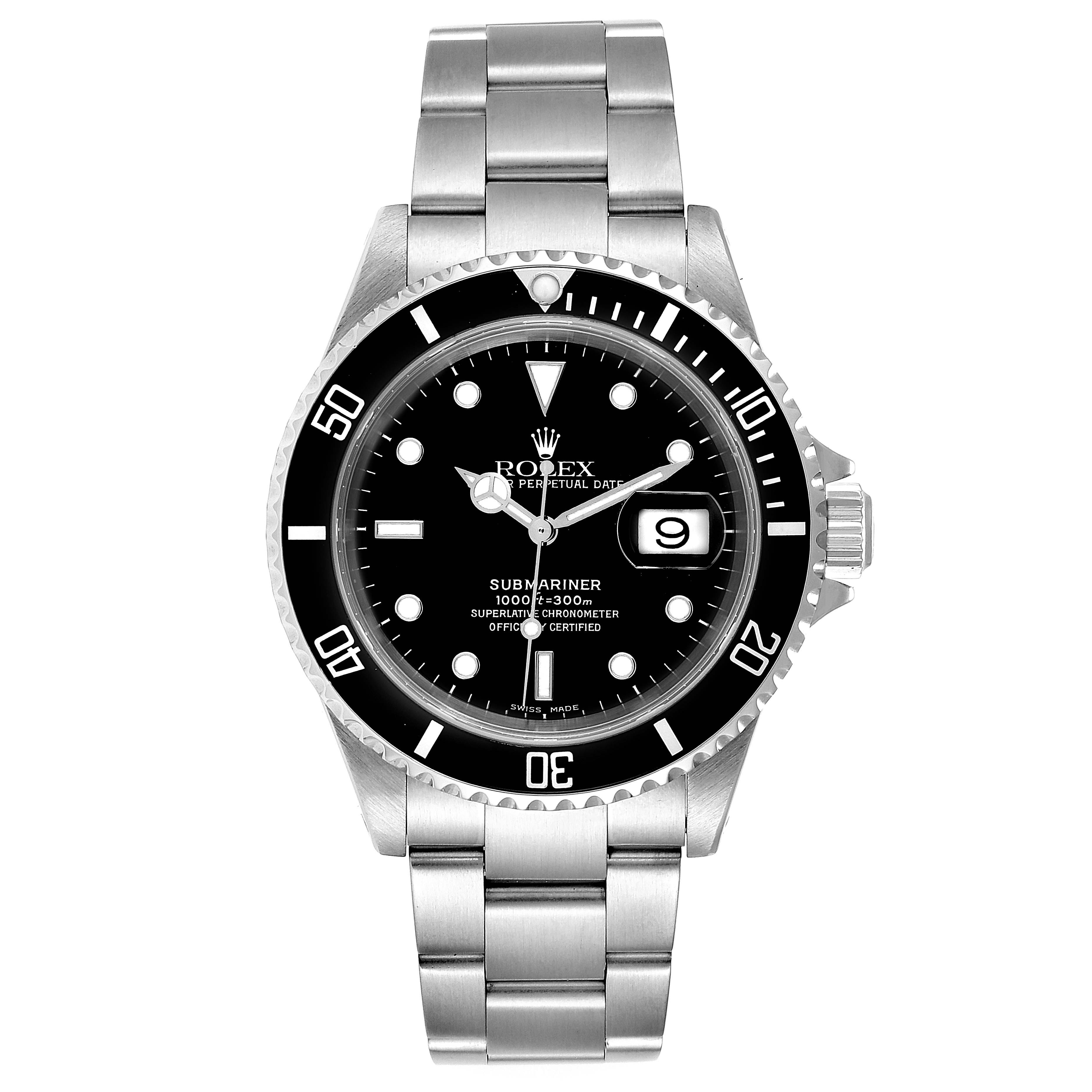 This image shows a front view of the Rolex Submariner 16610 Men
s Stainless Steel Black Dial 16610 Men
s Stainless Steel Black Dial watch, displaying the dial, bezel, and bracelet.