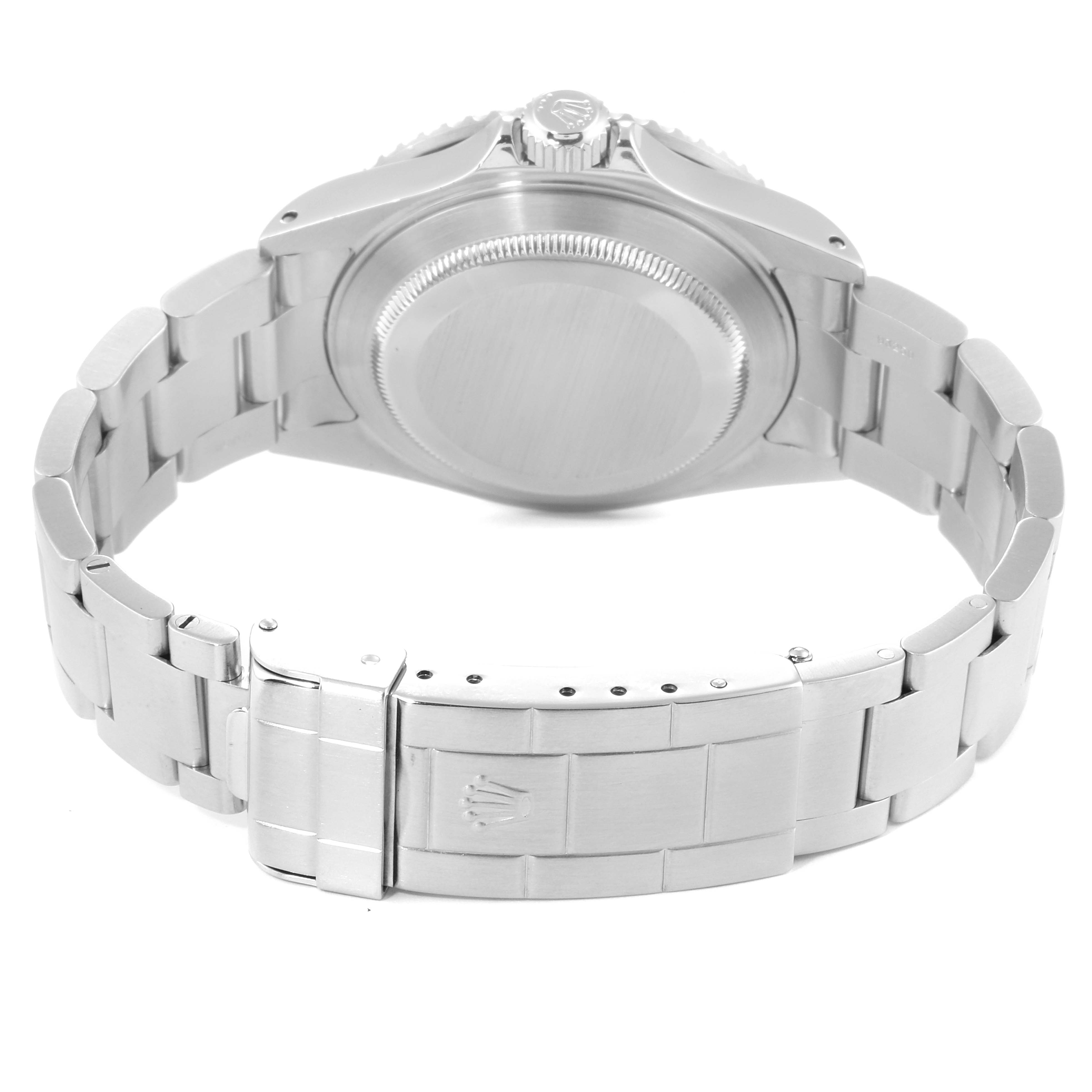 This image shows the back case, bracelet, and clasp of a Rolex Submariner 16610 Men
s Stainless Steel Black Dial 16610 Men
s Stainless Steel Black Dial watch from a rear angle.