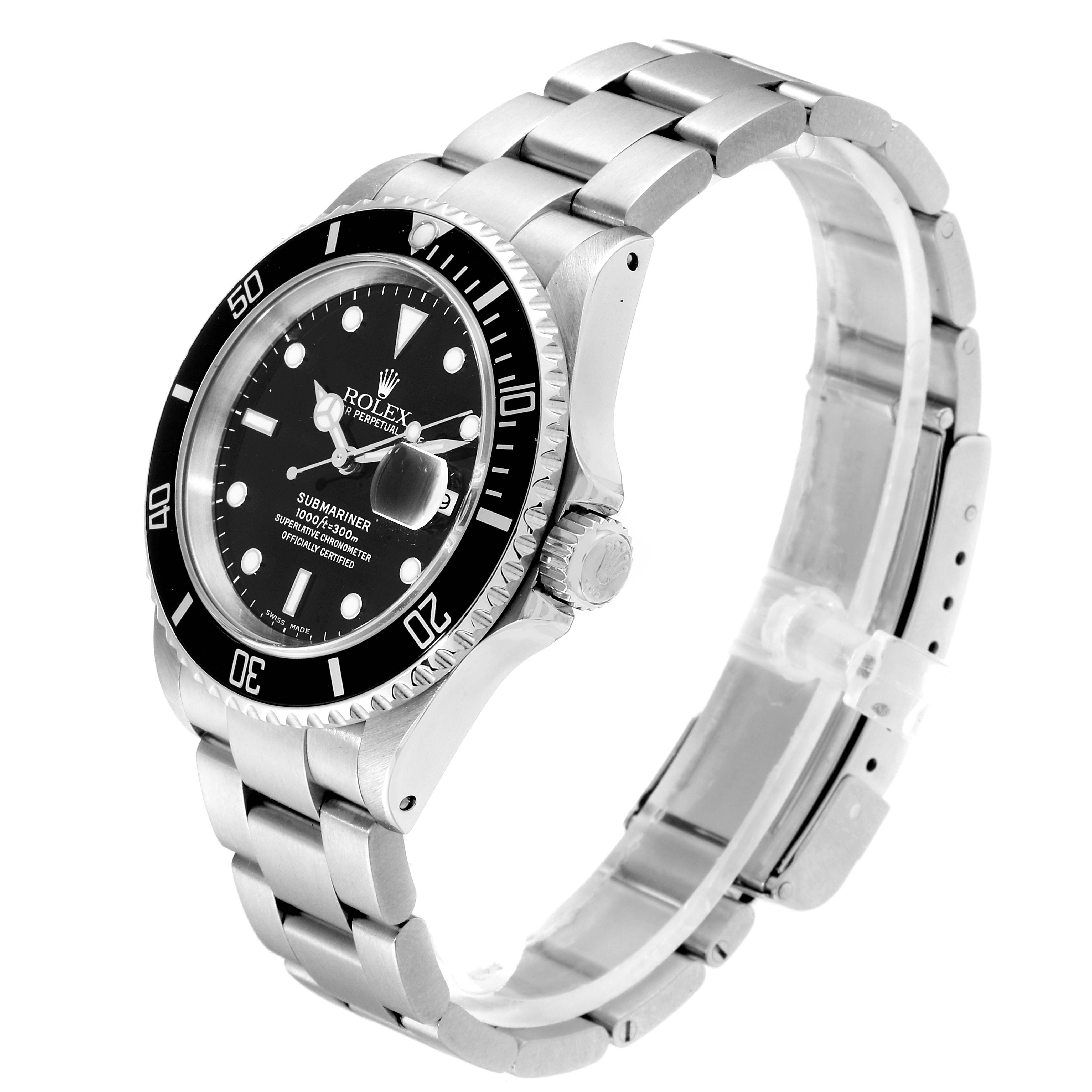 This image shows a side and top angle of a Rolex Submariner 16610 Men
s Stainless Steel Black Dial 16610 Men
s Stainless Steel Black Dial watch, displaying its dial, bezel, crown, and bracelet.