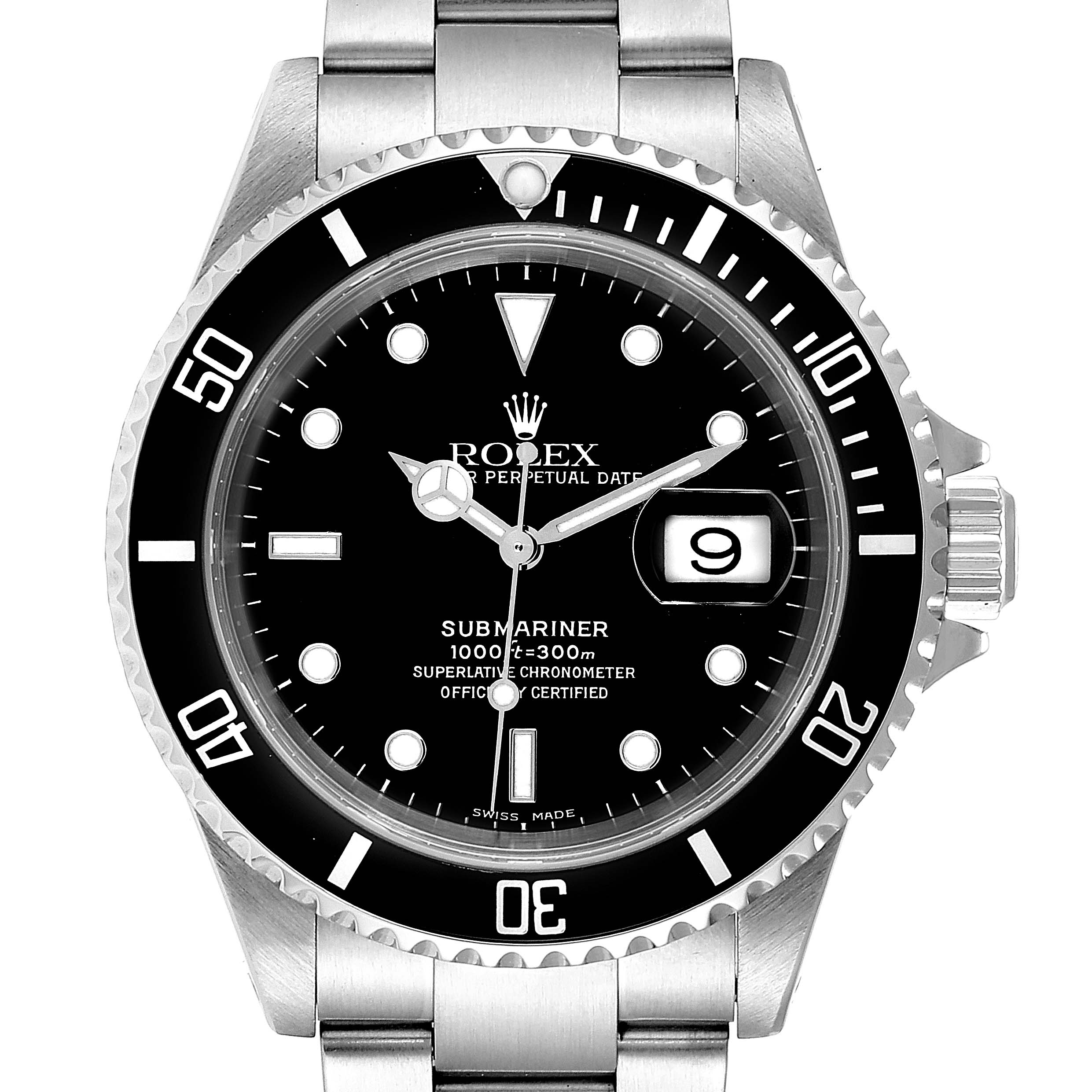 The image shows a front-facing view of a Rolex Submariner 16610 Men
s Stainless Steel Black Dial 16610 Men
s Stainless Steel Black Dial, featuring the dial, bezel, crown, and part of the bracelet.