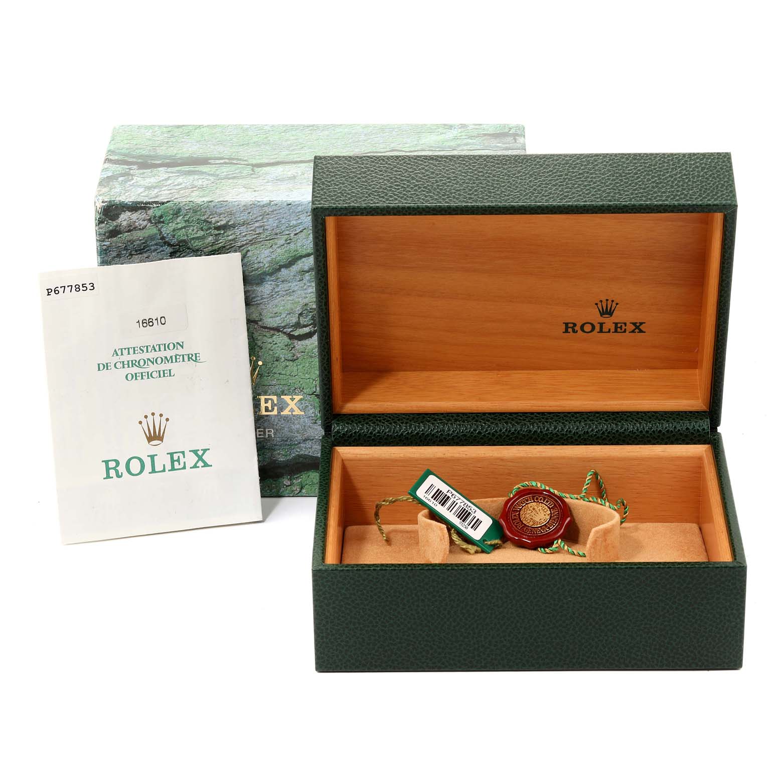 The image shows a Rolex Submariner 16610 Men
s Stainless Steel Black Dial 16610 Men
s Stainless Steel Black Dial watch box and booklet, photographed from a frontal angle with the cover open.