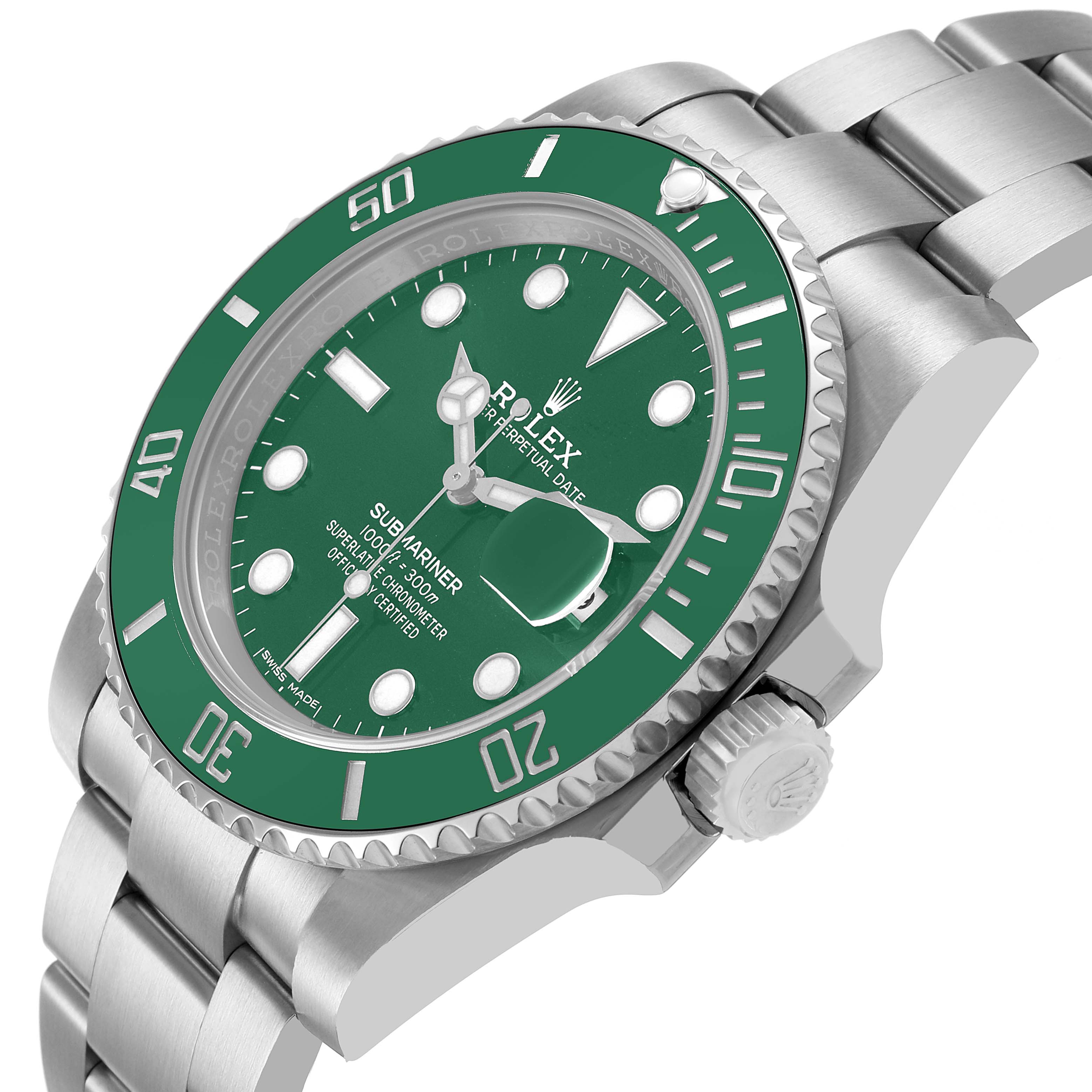 The Rolex Submariner 116610LV Men's Stainless Steel Green Dial is shown at a side angle, highlighting the green bezel, dial, bracelet, and crown.