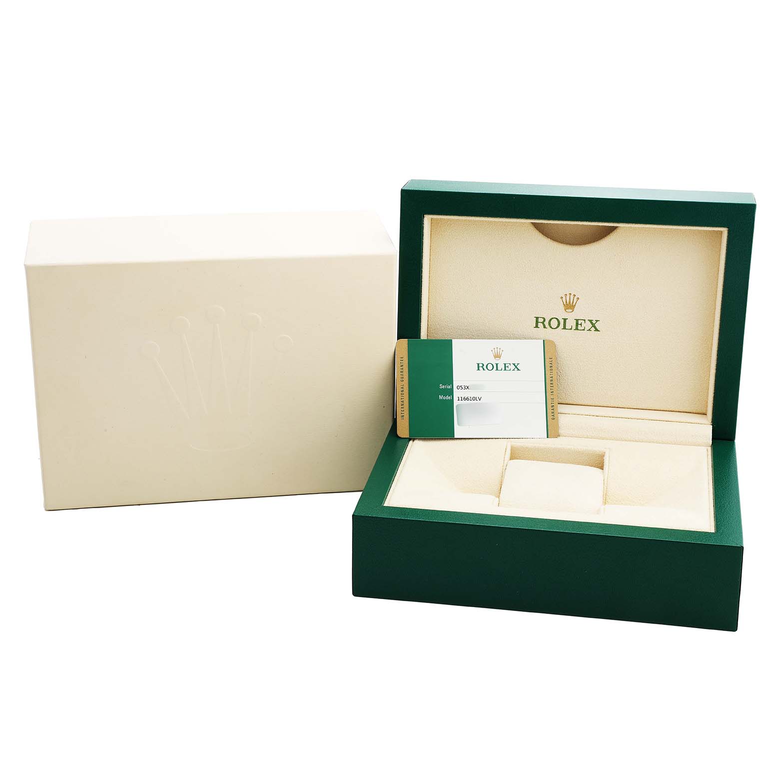 The image displays a Rolex Submariner 116610LV Men's Stainless Steel Green Dial box set with an open case and authenticity card.