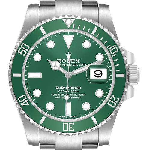 The Rolex Submariner 116610LV Men's Stainless Steel Green Dial is shown from a frontal angle, highlighting the green dial, bezel, and date window.
