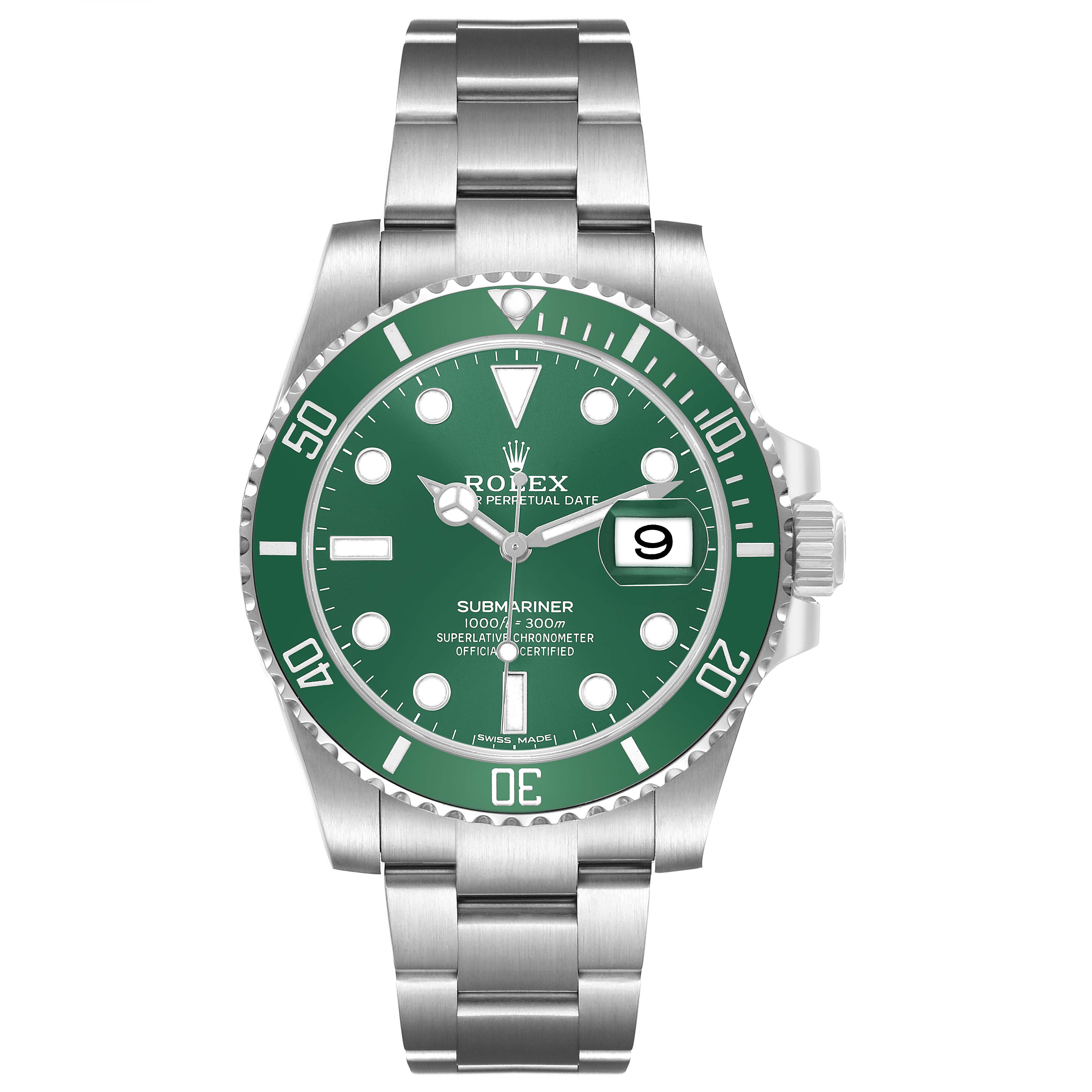 The Rolex Submariner 116610LV Men's Stainless Steel Green Dial watch is shown from the front, highlighting the green dial, bezel, and stainless steel bracelet.