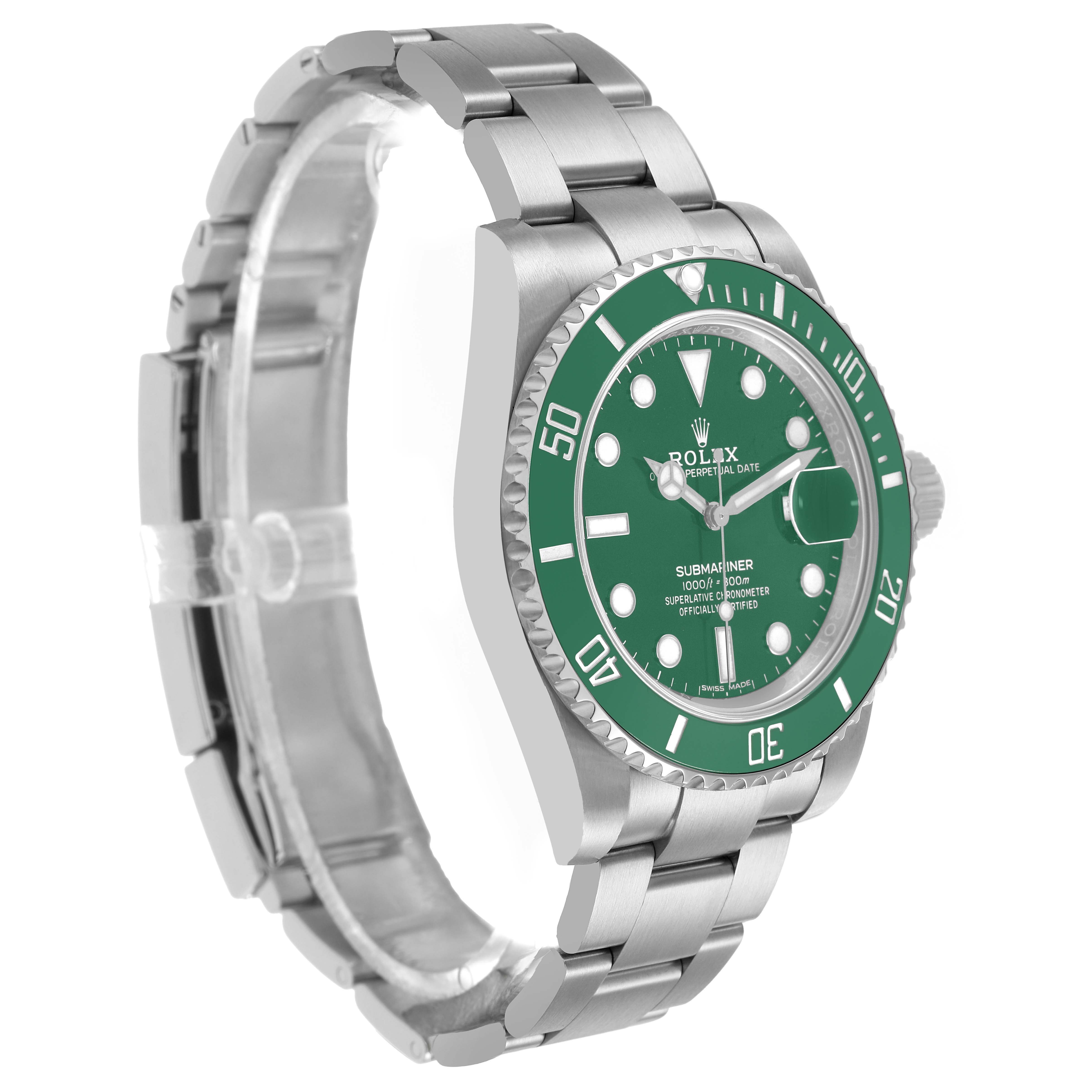 The image shows a Rolex Submariner 116610LV Men's Stainless Steel Green Dial watch, angled to display its side profile and bracelet, with a green bezel and dial.