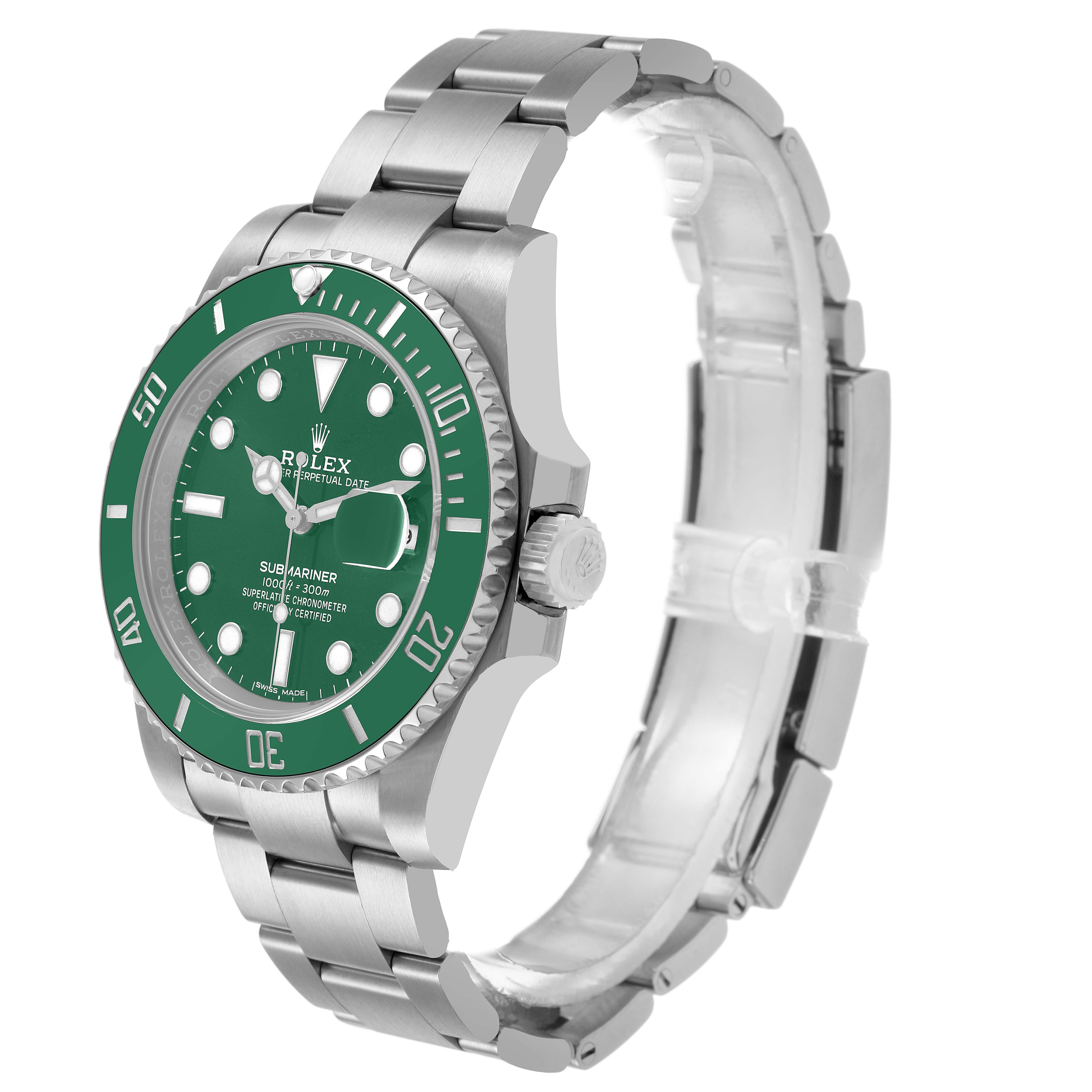The Rolex Submariner 116610LV Men's Stainless Steel Green Dial watch is shown at a slight angle, displaying the green bezel, dial, and metal bracelet prominently.