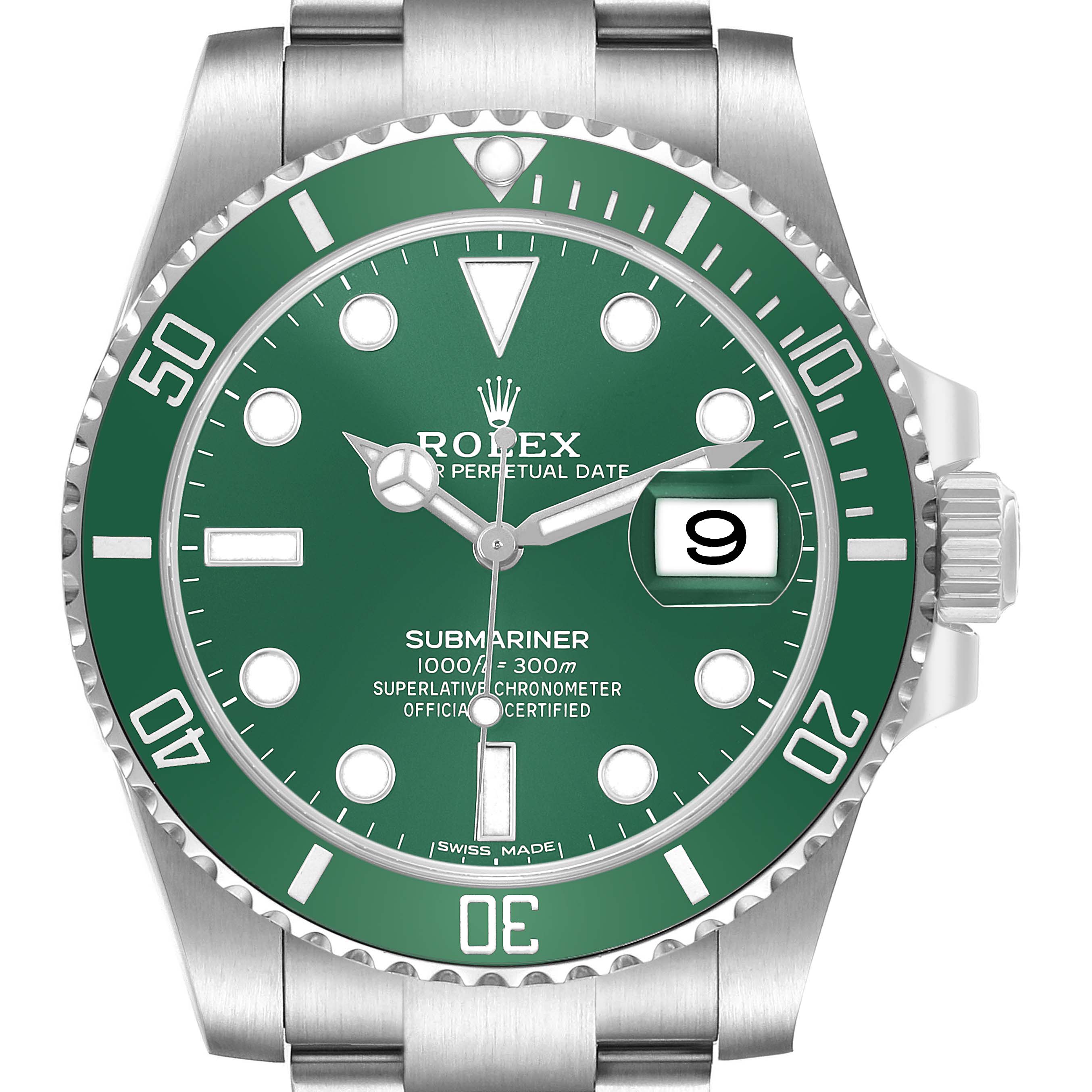 The Rolex Submariner 116610LV Men's Stainless Steel Green Dial watch is shown from a front angle, highlighting the dial, bezel, and bracelet.