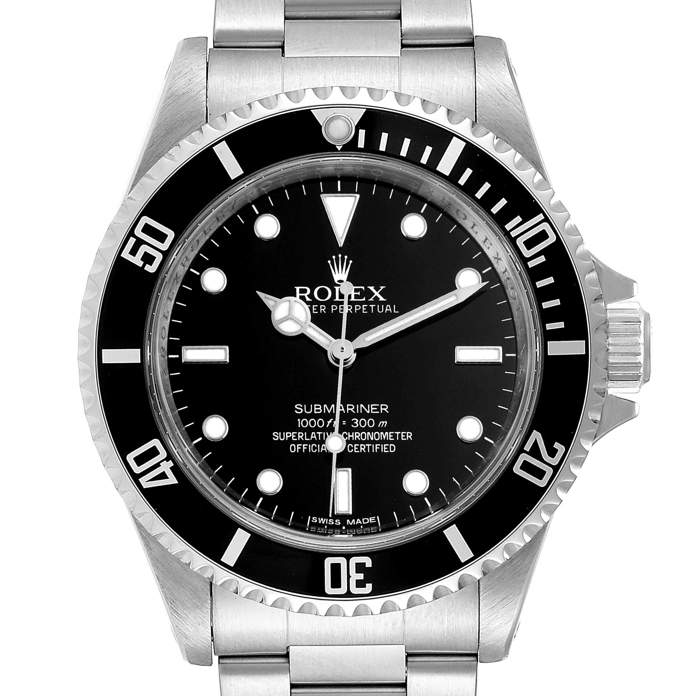 This image shows a front view of the Rolex Submariner 14060 Men
s Stainless Steel Black Dial 14060 Men
s Stainless Steel Black Dial, highlighting its dial, bezel, and part of the bracelet.