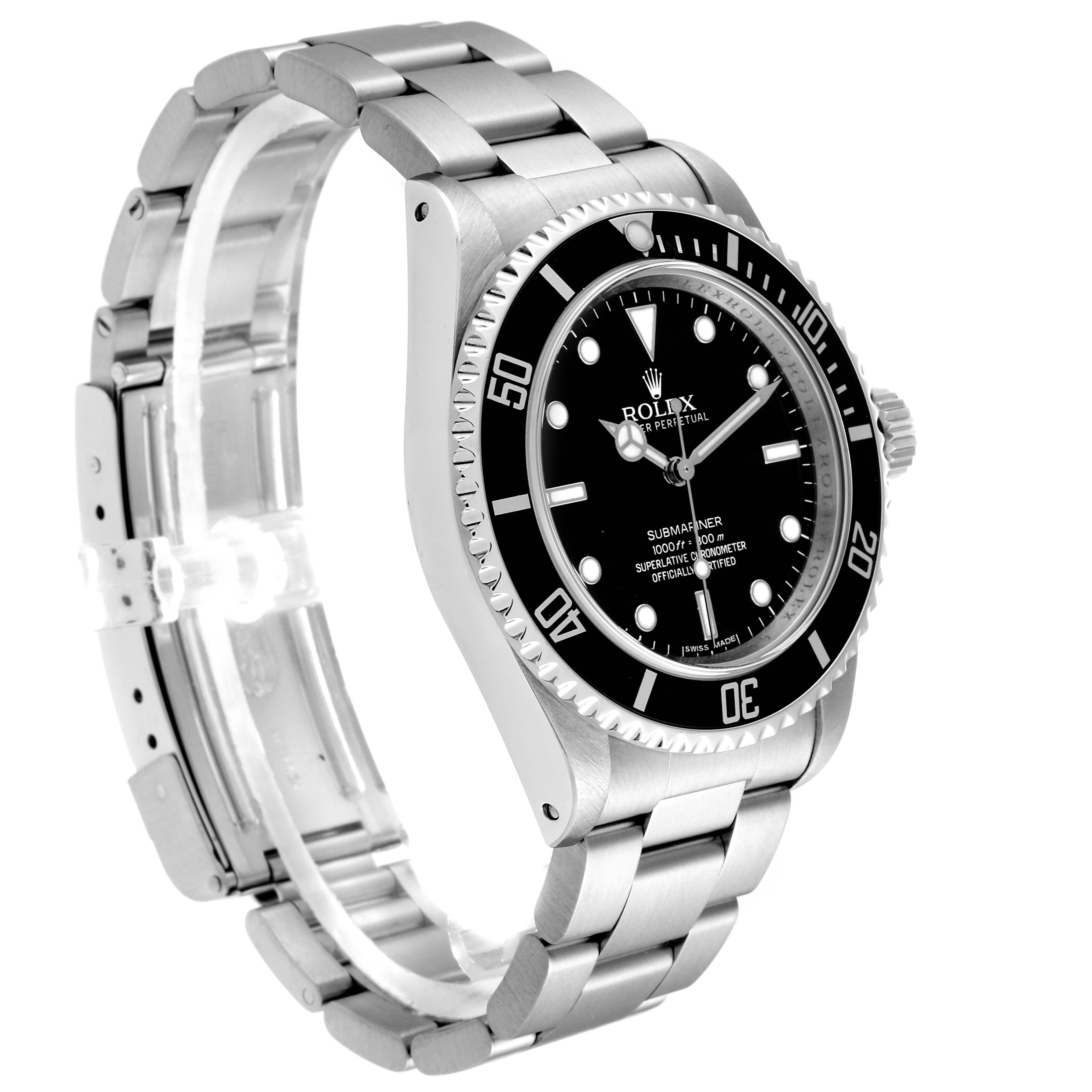 The image shows a Rolex Submariner 14060 Men
s Stainless Steel Black Dial 14060 Men
s Stainless Steel Black Dial watch from a three-quarter angle, featuring the watch face, bezel, and metal bracelet.