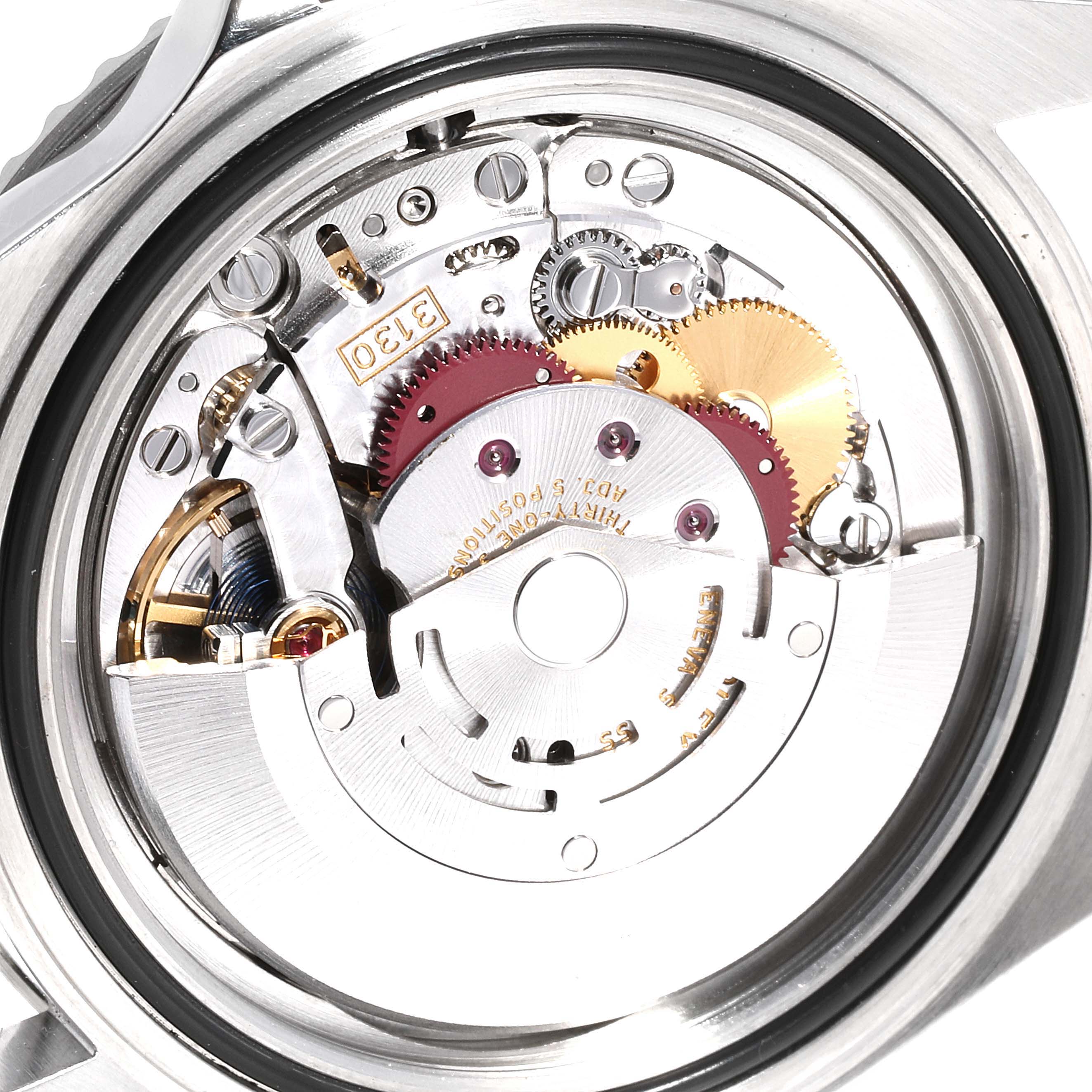 The image shows the internal mechanism and movement components of a Rolex Submariner 14060 Men
s Stainless Steel Black Dial 14060 Men
s Stainless Steel Black Dial watch from a close-up angle.
