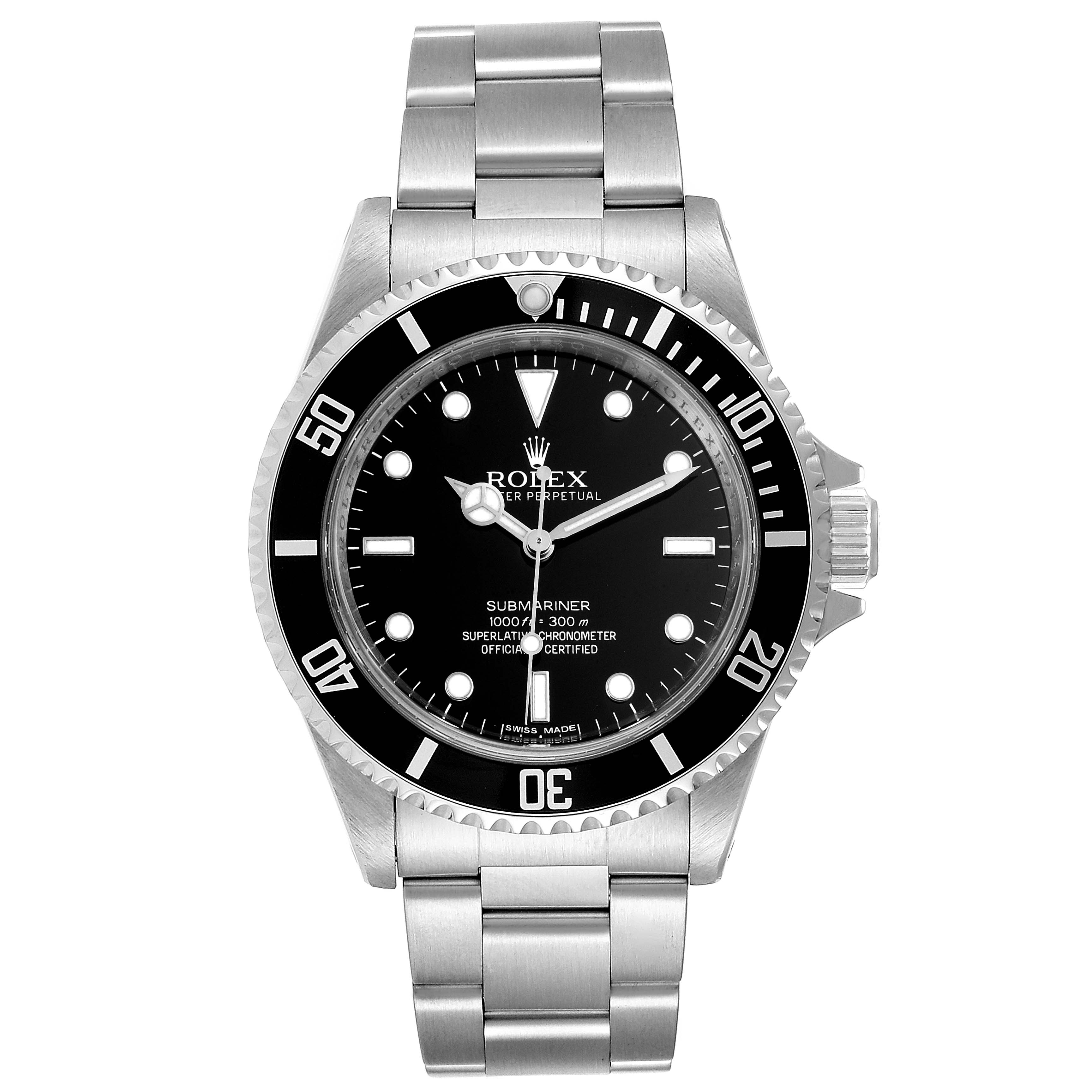 The image shows a front view of a Rolex Submariner 14060 Men
s Stainless Steel Black Dial 14060 Men
s Stainless Steel Black Dial watch, displaying its face, bezel, and stainless steel bracelet.