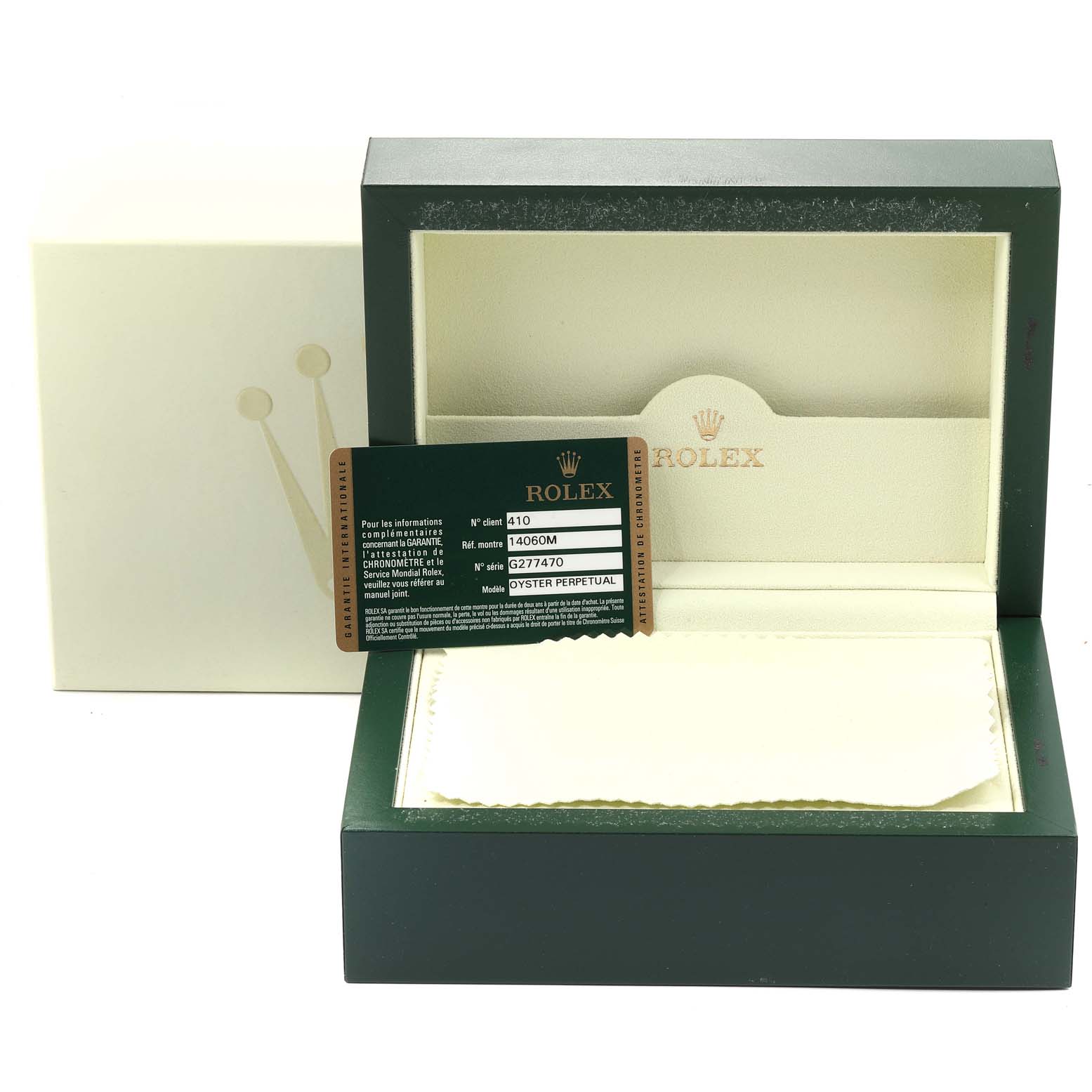 The image shows the packaging for a Rolex Submariner 14060 Men
s Stainless Steel Black Dial 14060 Men
s Stainless Steel Black Dial, including the box, card, and protective cloth, with a top-down angle.