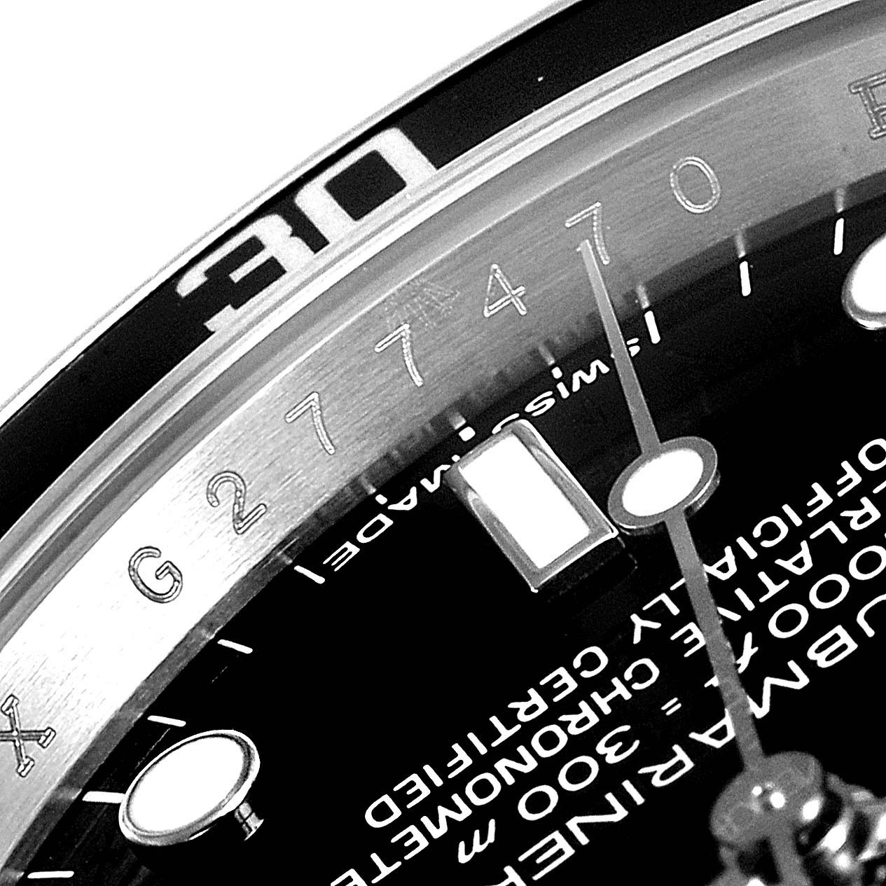 The image shows a partial close-up of the dial, hands, and bezel of a Rolex Submariner 14060 Men
s Stainless Steel Black Dial 14060 Men
s Stainless Steel Black Dial watch at an angled view.