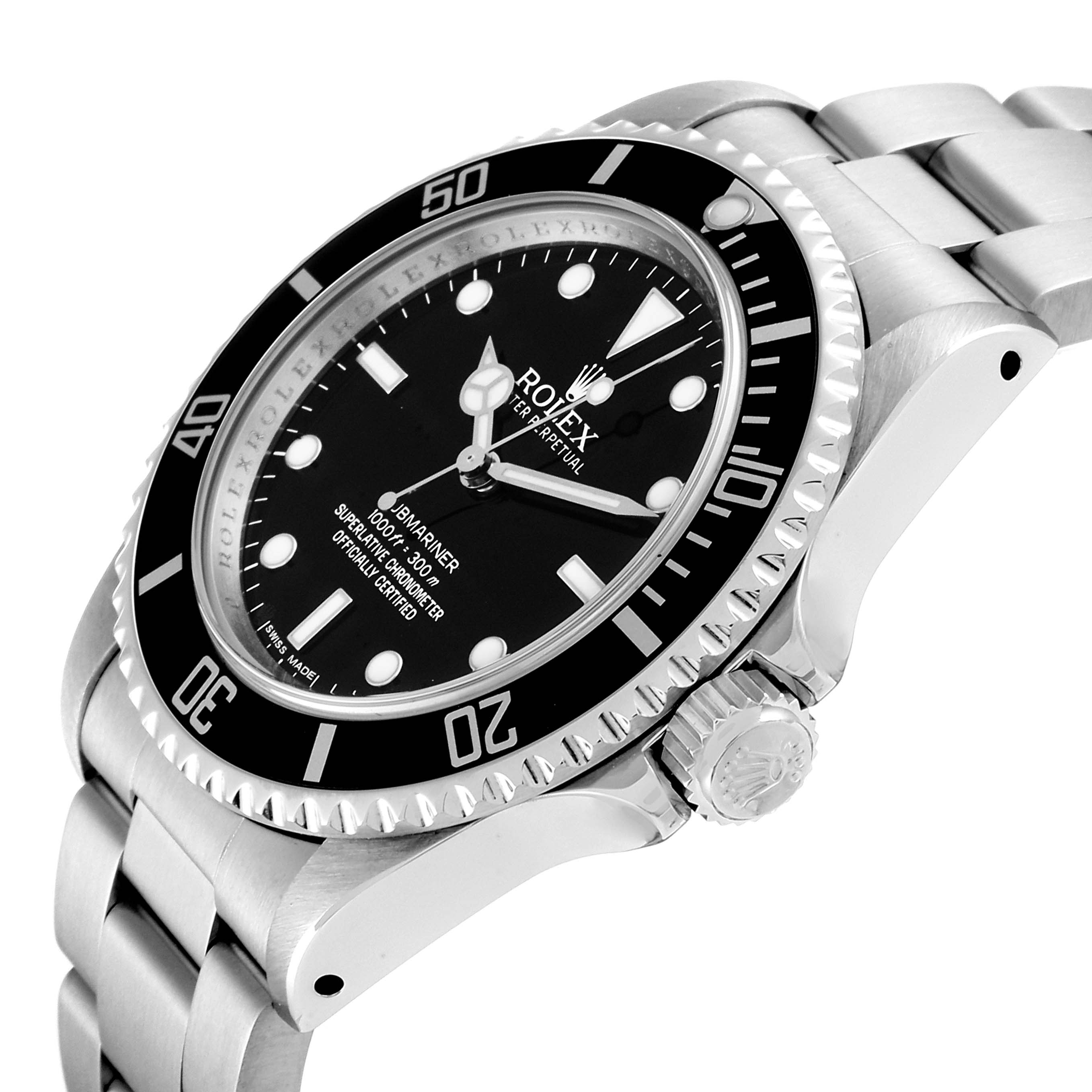 The image shows a side angle of the Rolex Submariner 14060 Men
s Stainless Steel Black Dial 14060 Men
s Stainless Steel Black Dial, highlighting the bezel, dial, crown, and bracelet.