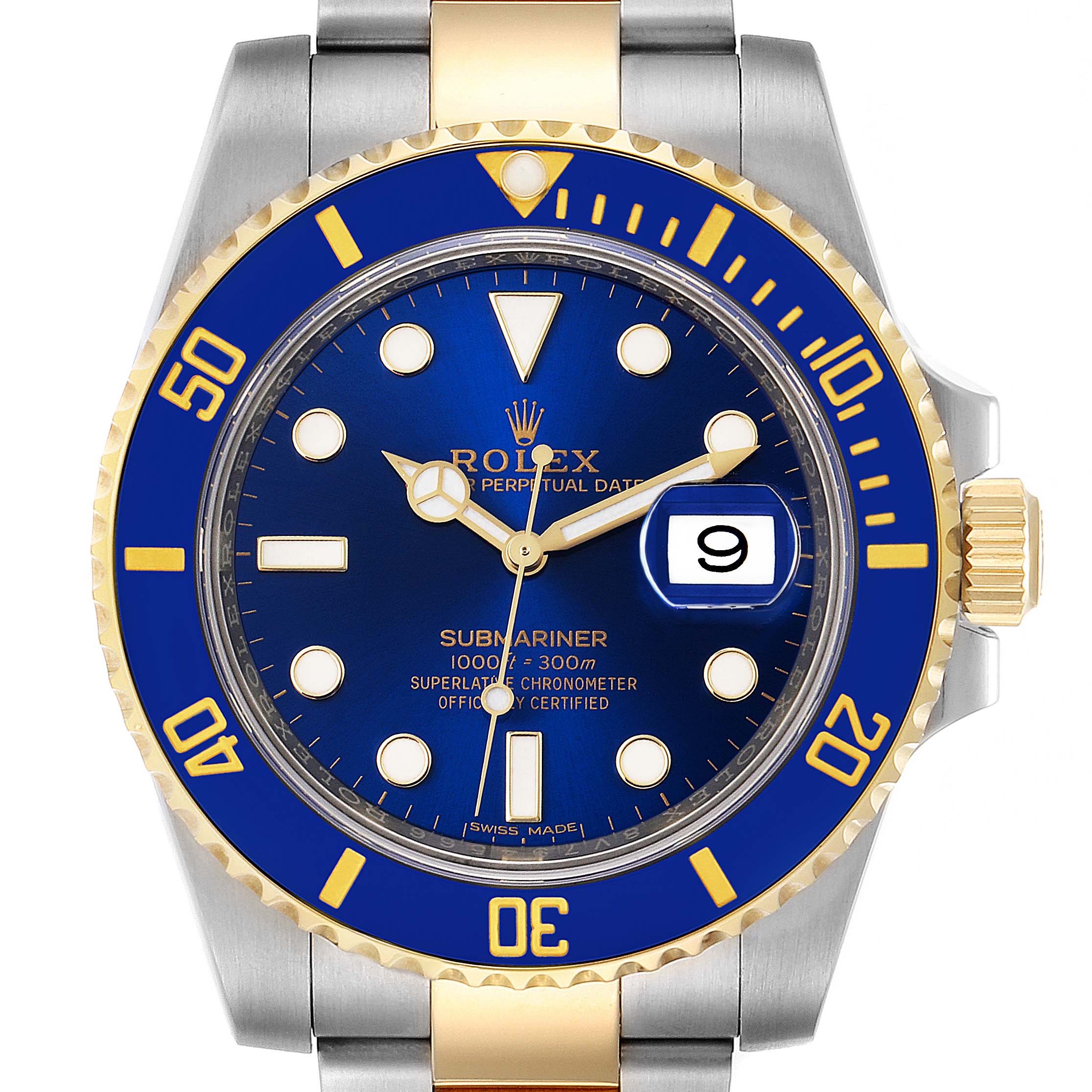 This is a close-up front view of a Rolex Submariner 116613 Men
s Steel and Gold (two tone) Blue Dial 116613 Men
s Steel and Gold (two tone) Blue Dial, showcasing the bezel, dial, hour markers, hands, crown, and bracelet.
