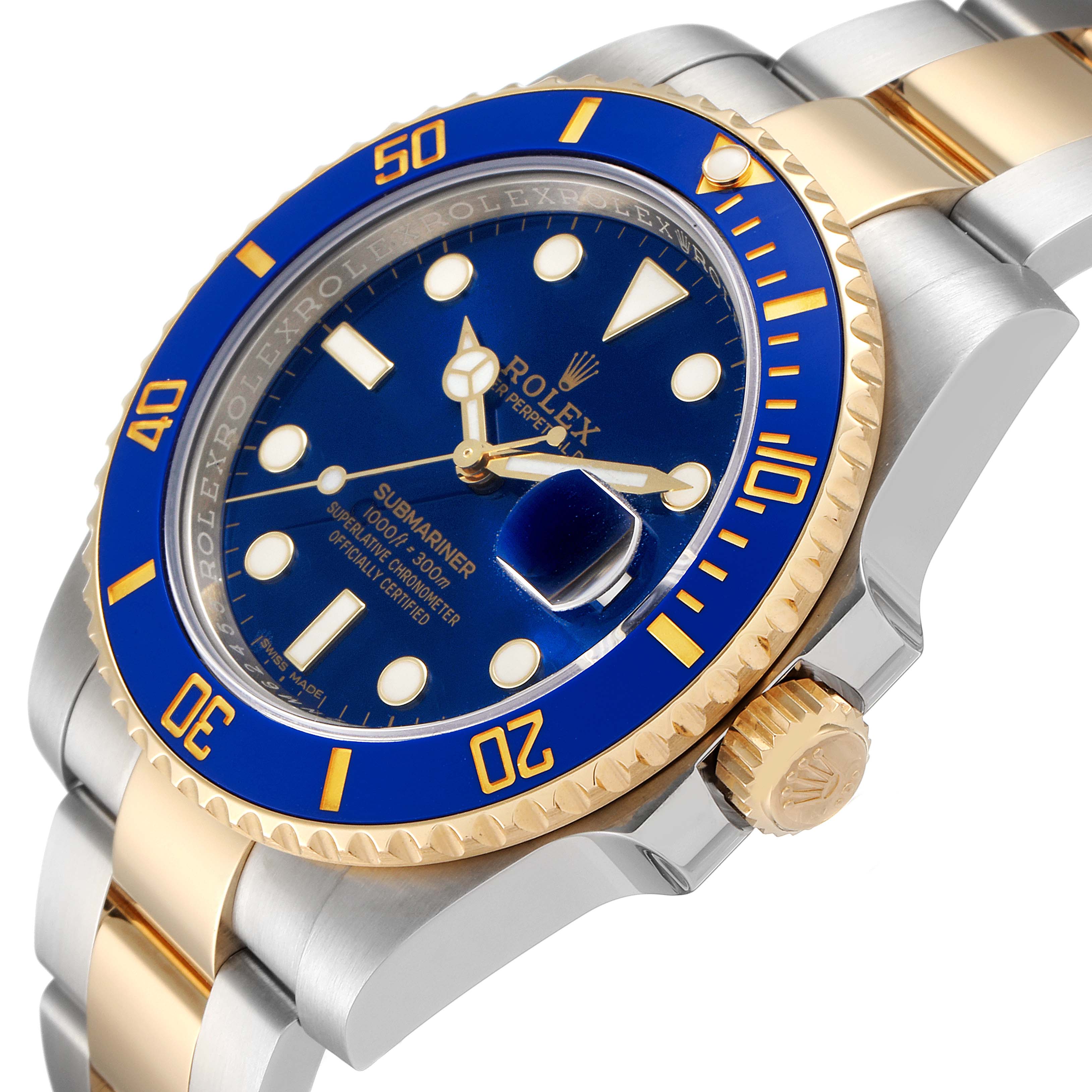 The image shows a side angle of a Rolex Submariner 116613 Men
s Steel and Gold (two tone) Blue Dial 116613 Men
s Steel and Gold (two tone) Blue Dial watch, highlighting the bezel, crown, and part of the bracelet.