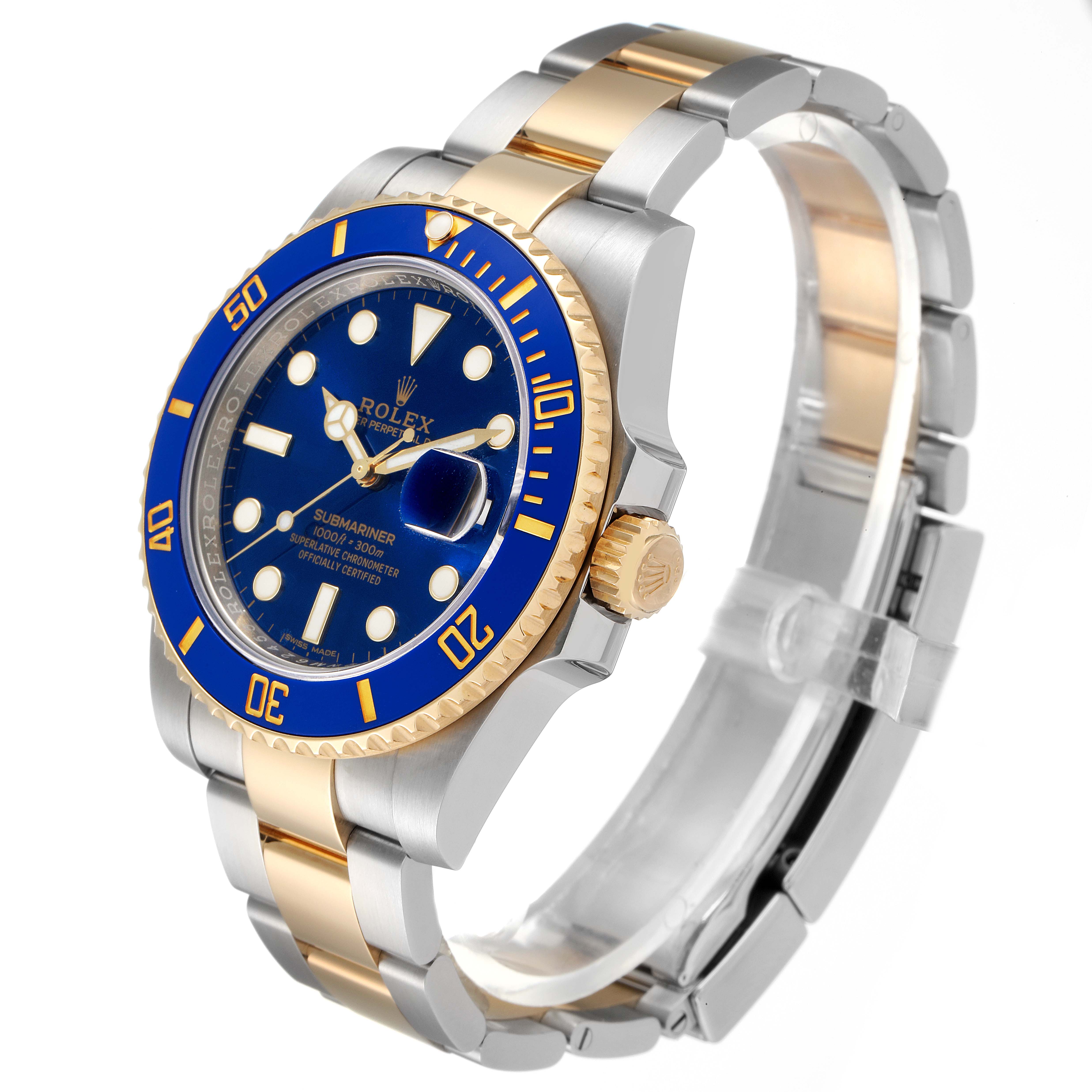 The image shows a Rolex Submariner 116613 Men
s Steel and Gold (two tone) Blue Dial 116613 Men
s Steel and Gold (two tone) Blue Dial watch at a three-quarter angle, highlighting the blue dial, bezel, and oyster bracelet.
