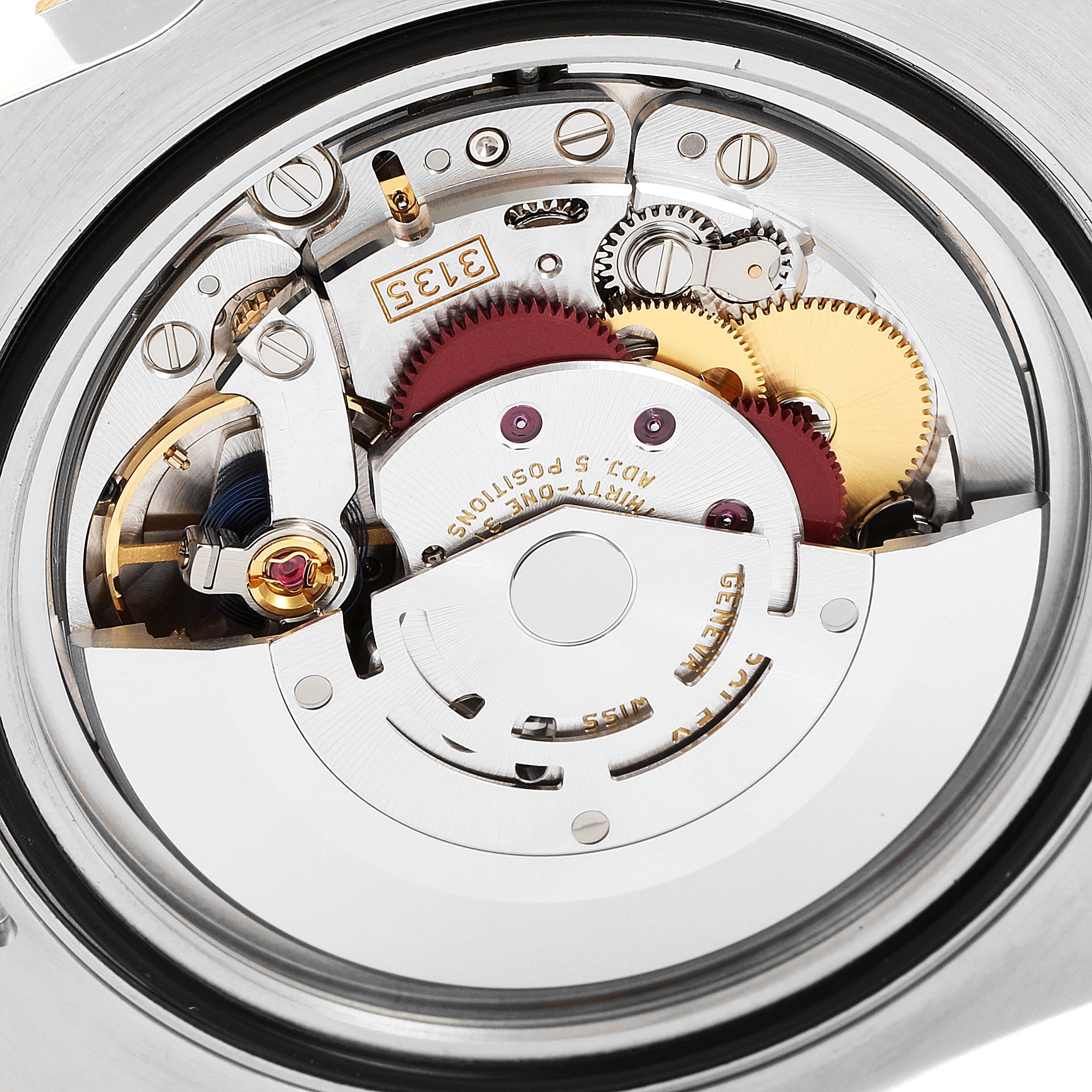 This image shows the inner mechanical movement of the Rolex Submariner 116613 Men
s Steel and Gold (two tone) Blue Dial 116613 Men
s Steel and Gold (two tone) Blue Dial watch from a close-up, top-down angle.