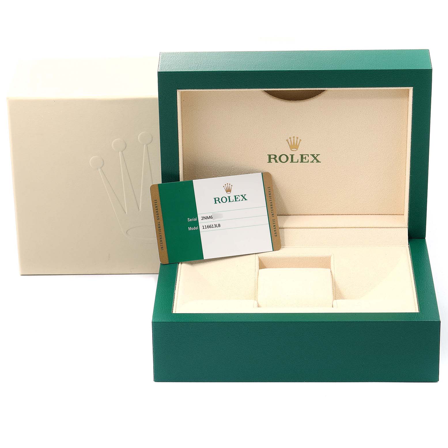 This image shows the packaging box, warranty card, and interior case for a Rolex Submariner 116613 Men
s Steel and Gold (two tone) Blue Dial 116613 Men
s Steel and Gold (two tone) Blue Dial watch.