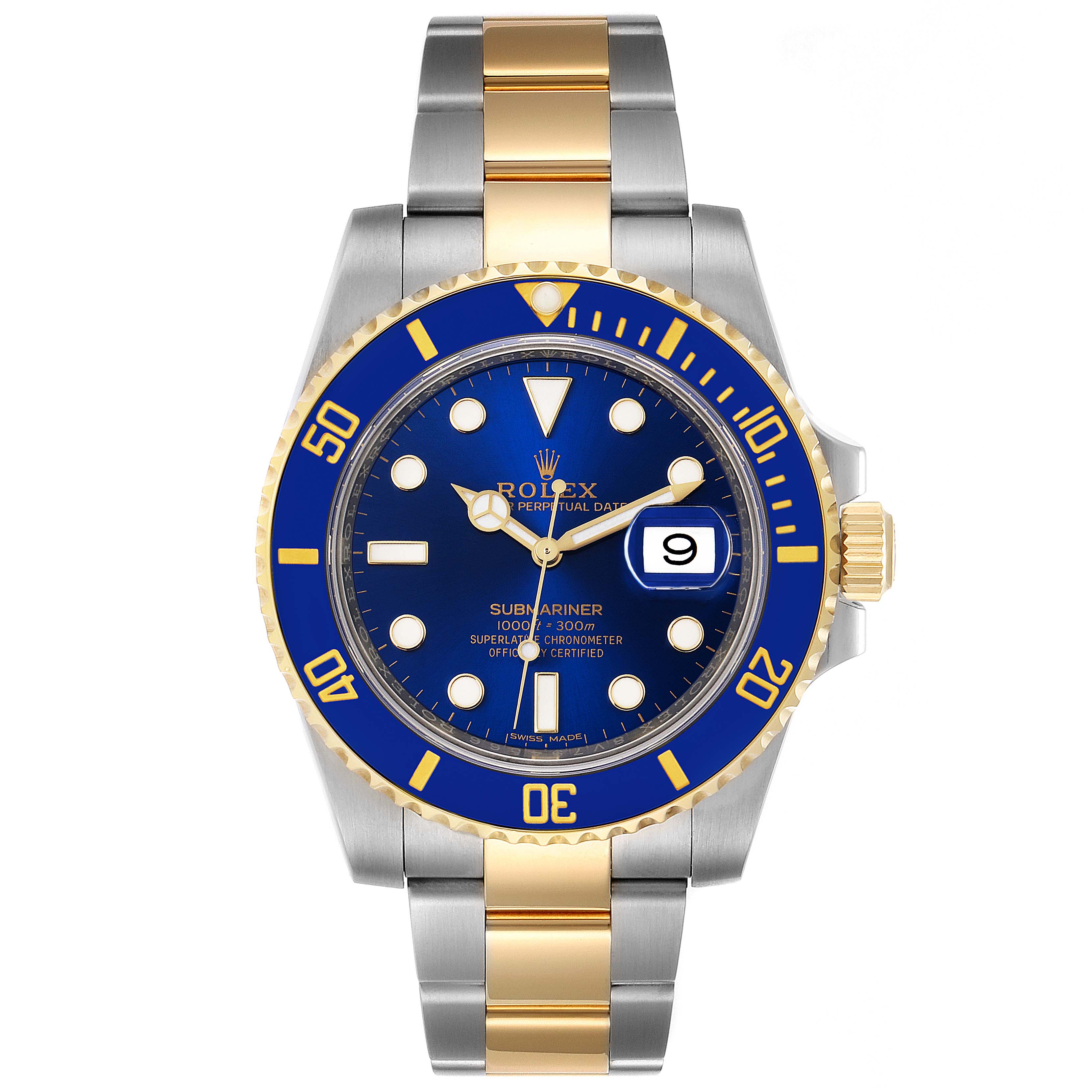 The image shows a frontal view of a Rolex Submariner 116613 Men
s Steel and Gold (two tone) Blue Dial 116613 Men
s Steel and Gold (two tone) Blue Dial watch with a blue face and a two-tone bracelet.